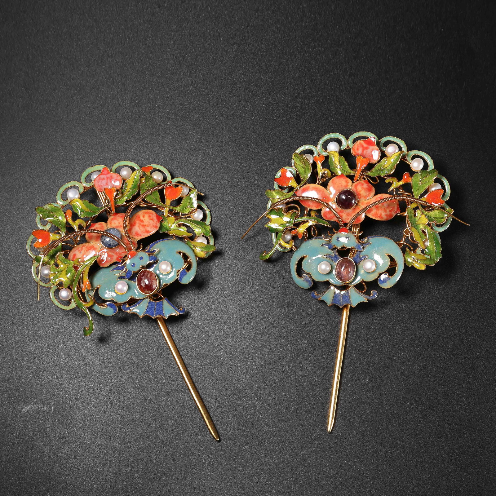 A SET OF SILVER GILT, FIRE-BLUE, GEM-INLAID HAIRPINS WITH FLOWER AND BUTTERFLY MOTIFS (1 of 10)