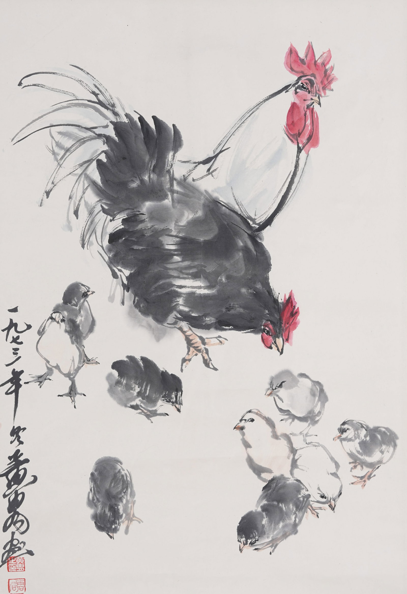 A FLOCK OF CHICKENS PAINTING ON PAPER BY HUANG ZHOU.黃胄 (1 of 8)