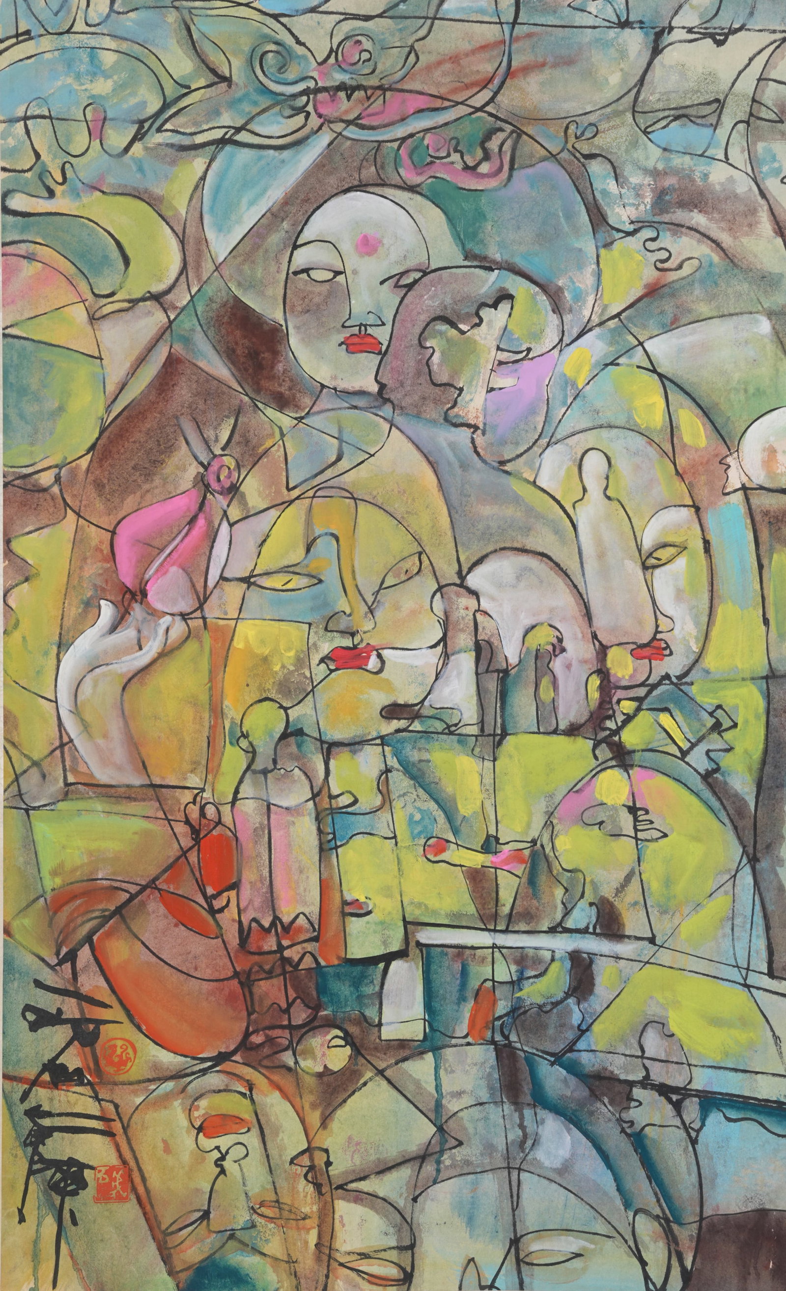 A FIGURE PAINTING ON PAPER BY SHI HU.石虎 (1 of 9)