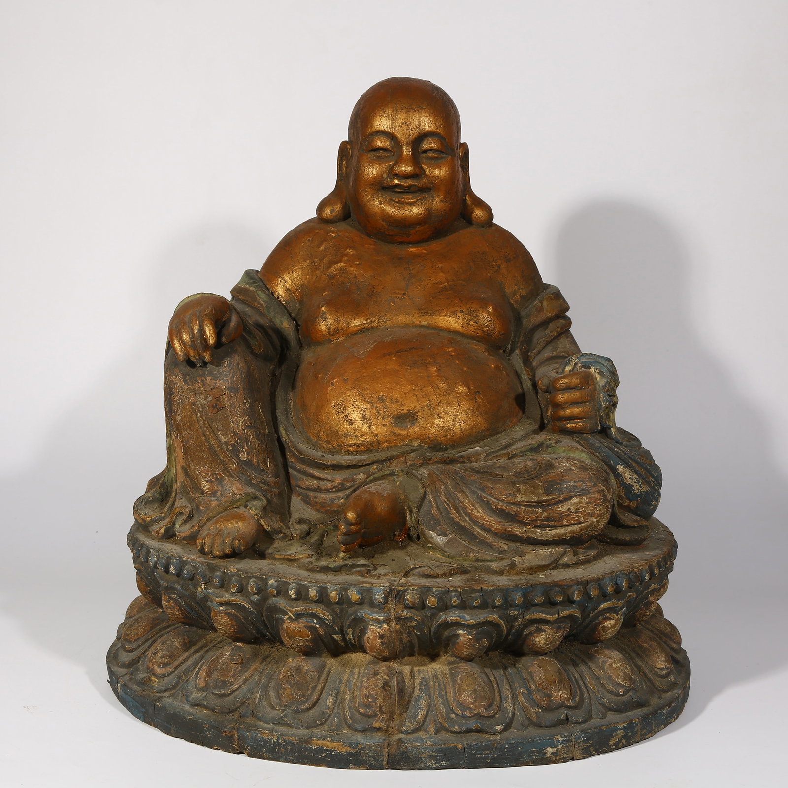 A PAINTED WOODEN SEATED STATUE OF MAITREYA BUDDHA (1 of 8)