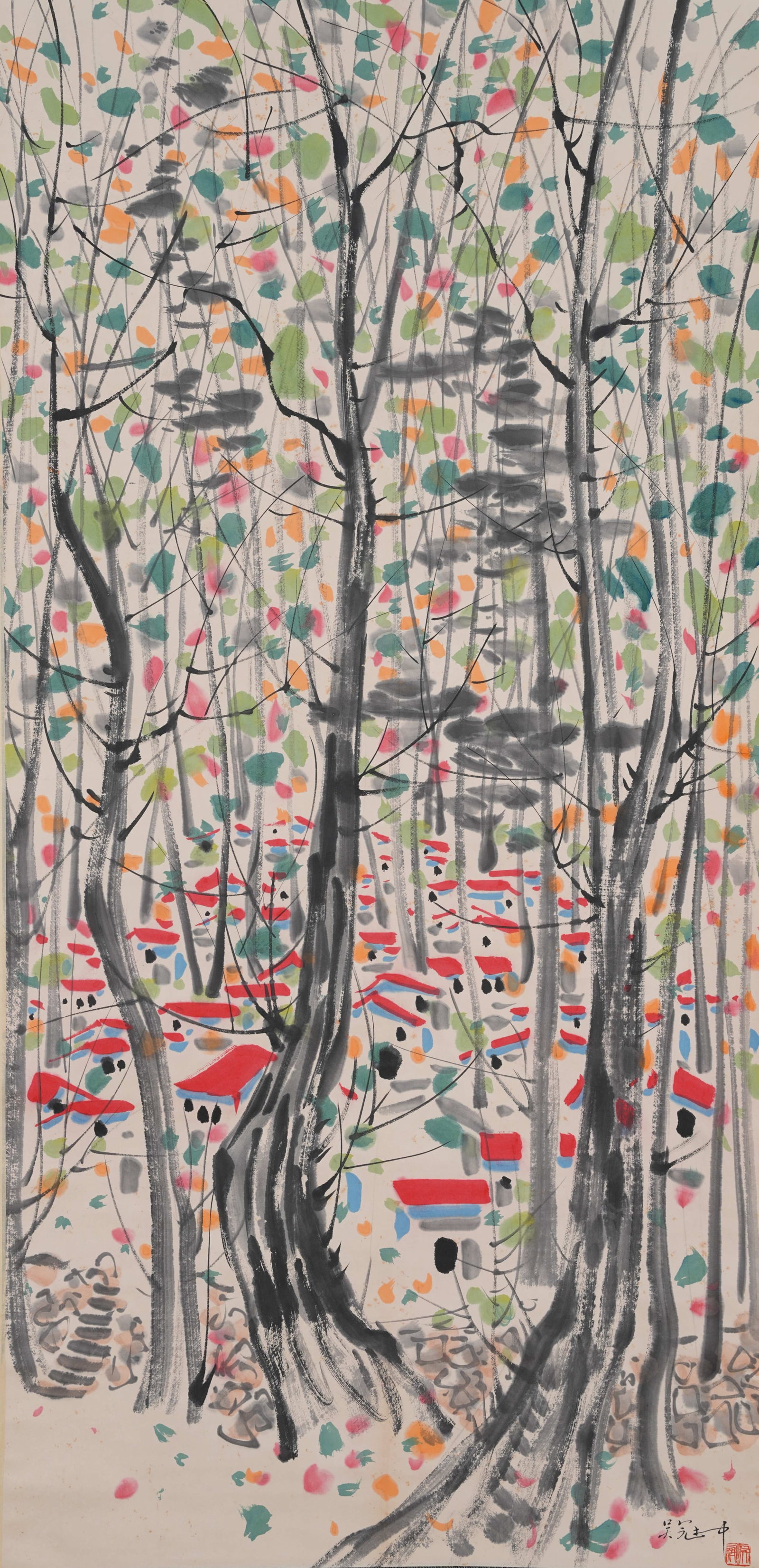 A TREE PAINTING ON PAPER BY WU GUANZHONG.吳冠中: Tree Painting on Paper by Wu Guanzhong.吳冠中