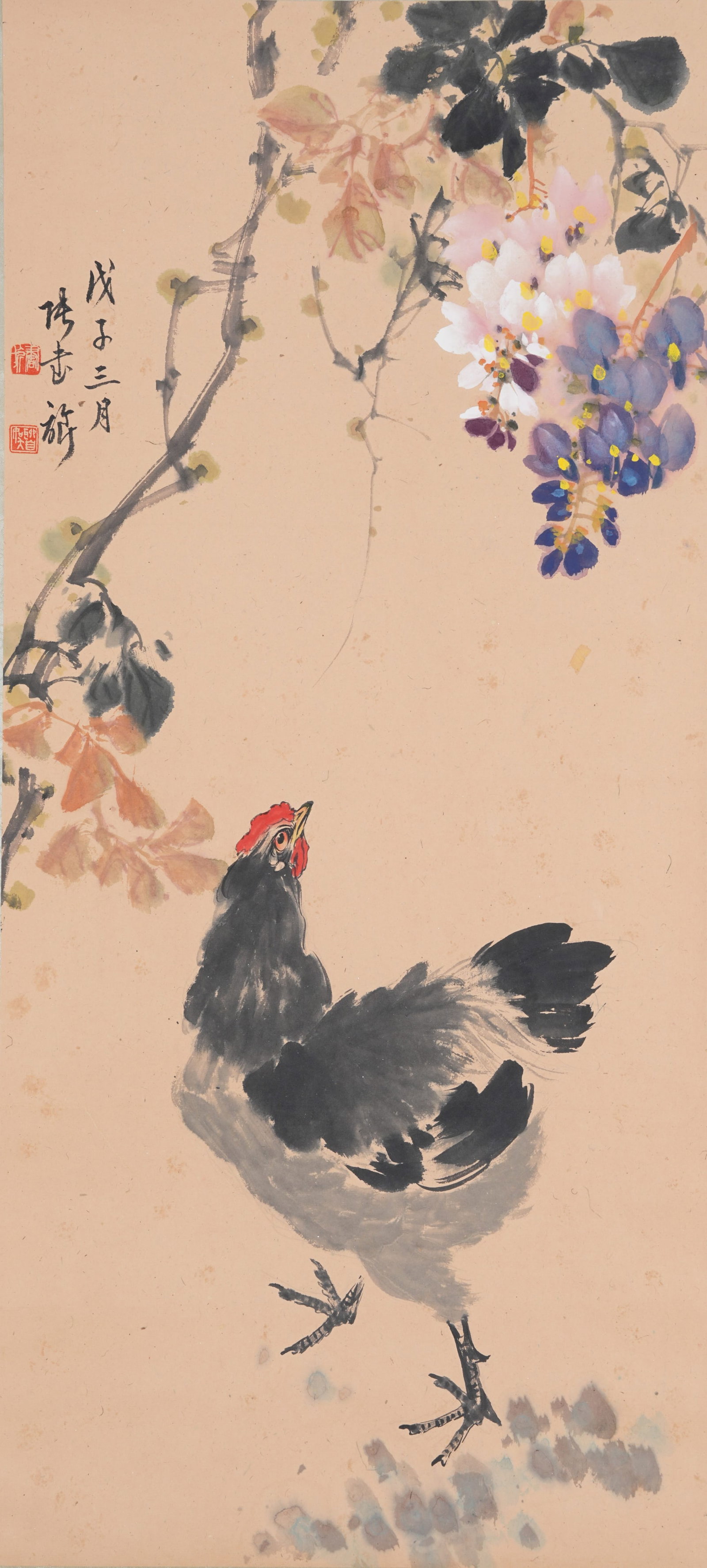 A ROOSTER PAINTING ON PAPER BY ZHANG SHUQI.張書旗: Rooster Painting on Paper by Zhang Shuqi.張書旗