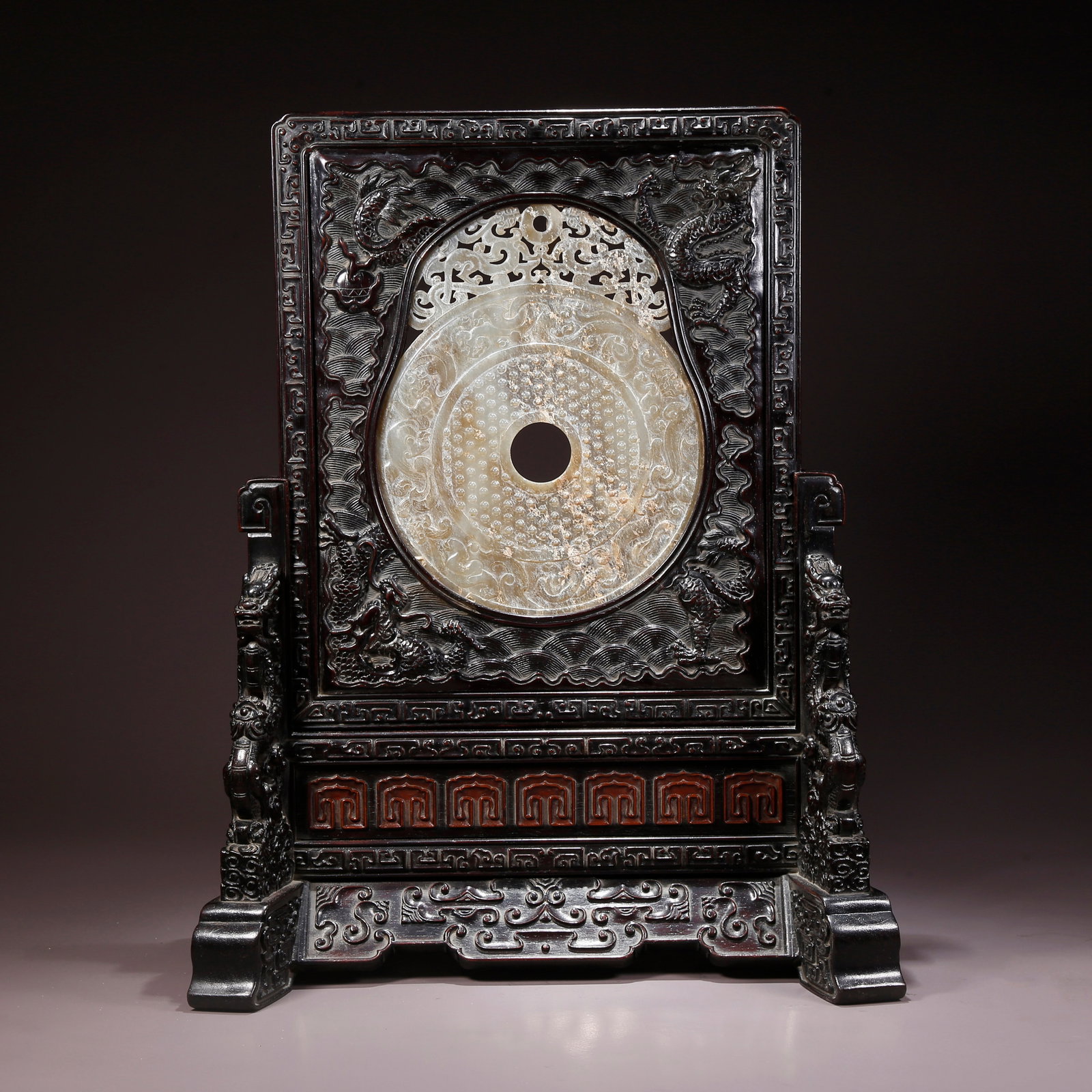 A ZITAN WOOD SCREEN INLAID WITH HETIAN JADE BI DISC (1 of 9)