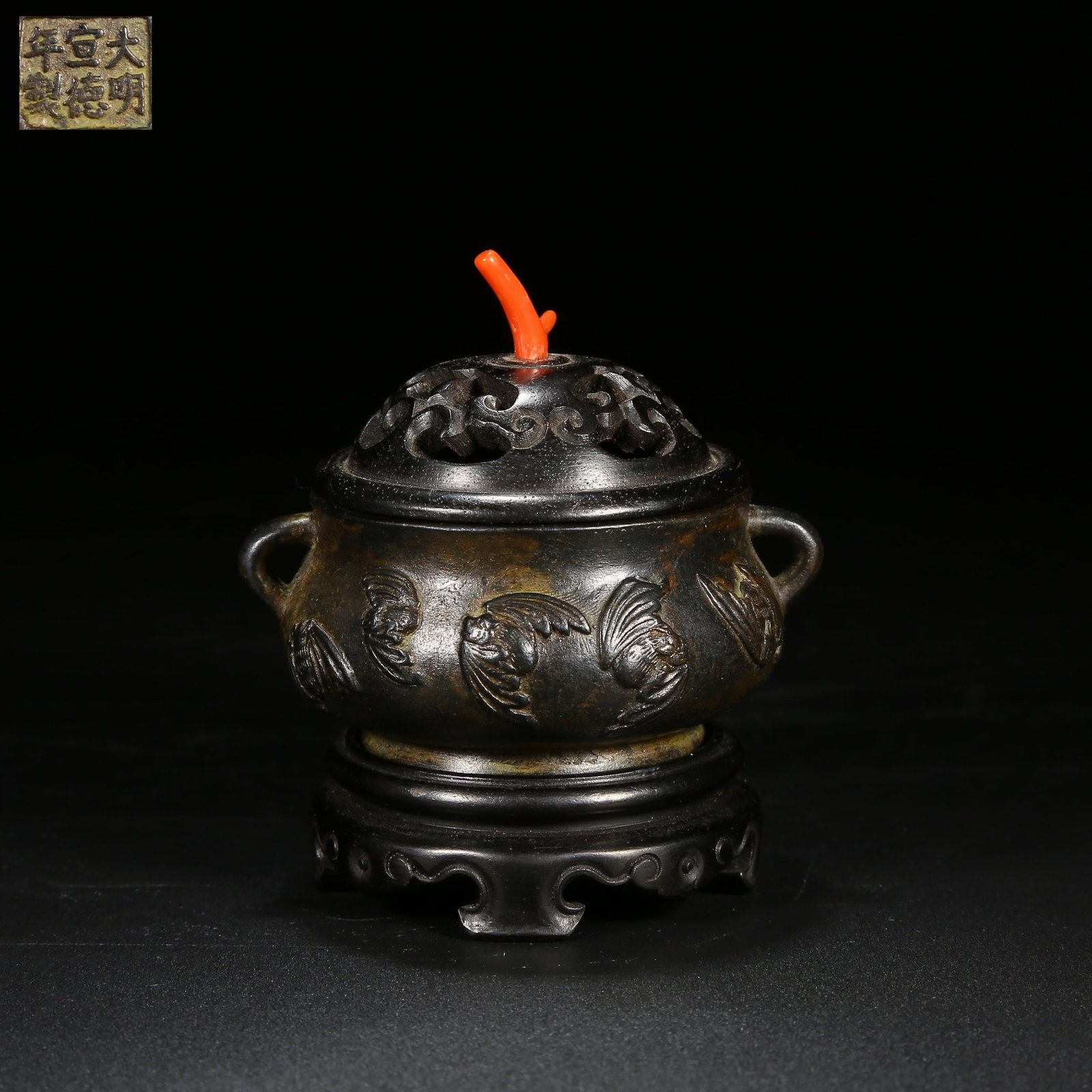 A BRONZE DOUBLE-EAR CENSER WITH FIVE BLESSINGS PATTERN (1 of 9)