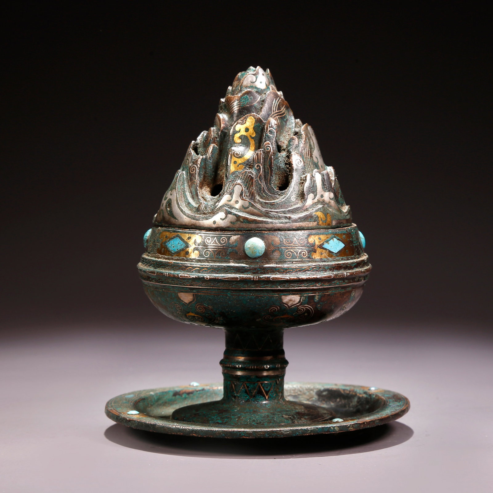A GILT AND SILVER INLAID BRONZE BOSHAN INCENSE BURNER (1 of 9)
