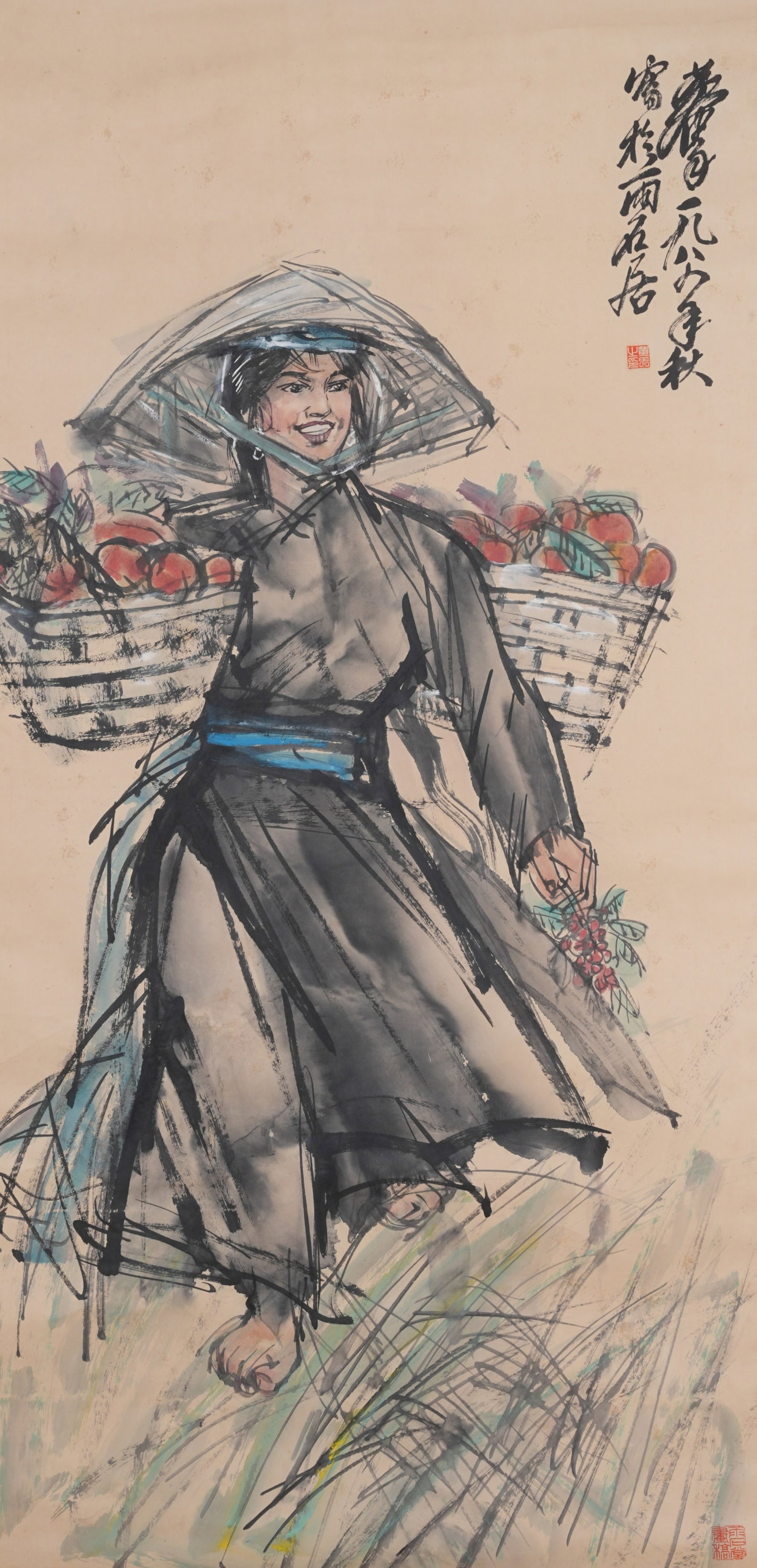 A FIGURE PAINTING ON PAPER BY HUANG ZHOU.黃胄: Figure Painting on Paper by Huang Zhou.黃胄