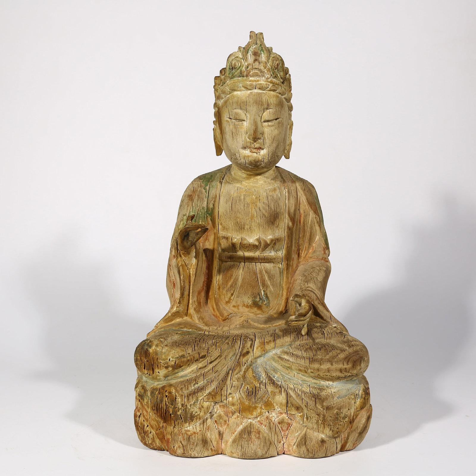A PAINTED WOODEN SEATED STATUE OF BODHISATTVA MAHASTHAMAPRAPTA (1 of 8)