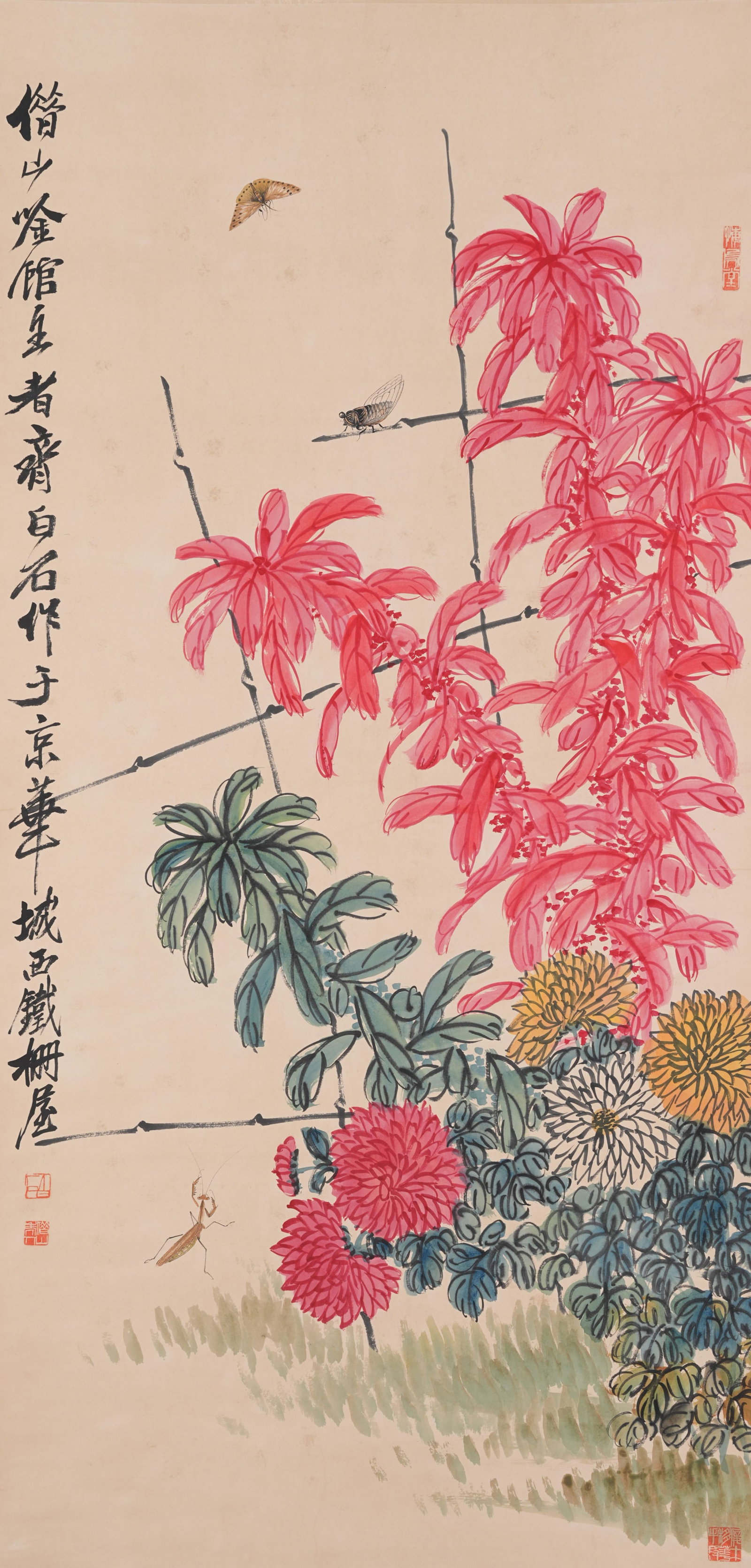 A FLOWER PAINTING ON PAPER BY QI BAISHI.齊白石: Flower Painting on Paper by Qi Baishi.齊白石
