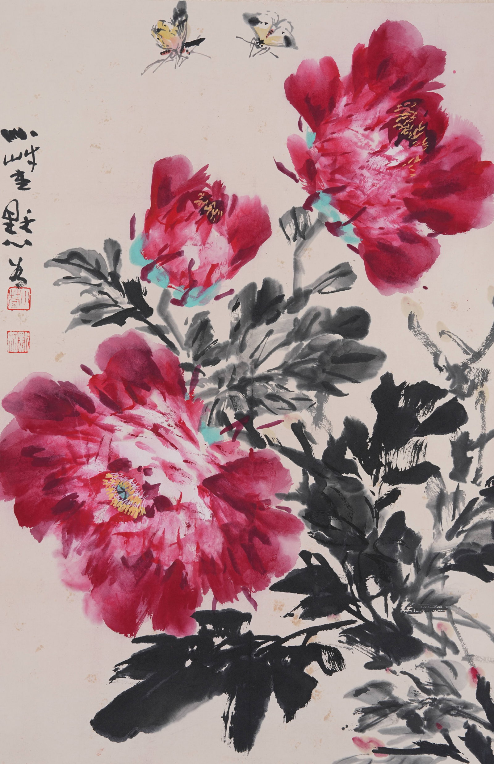 A FLOWER AND BUTTERFLY PAINTING ON PAPER BY JIN MORU.金默如 (1 of 9)