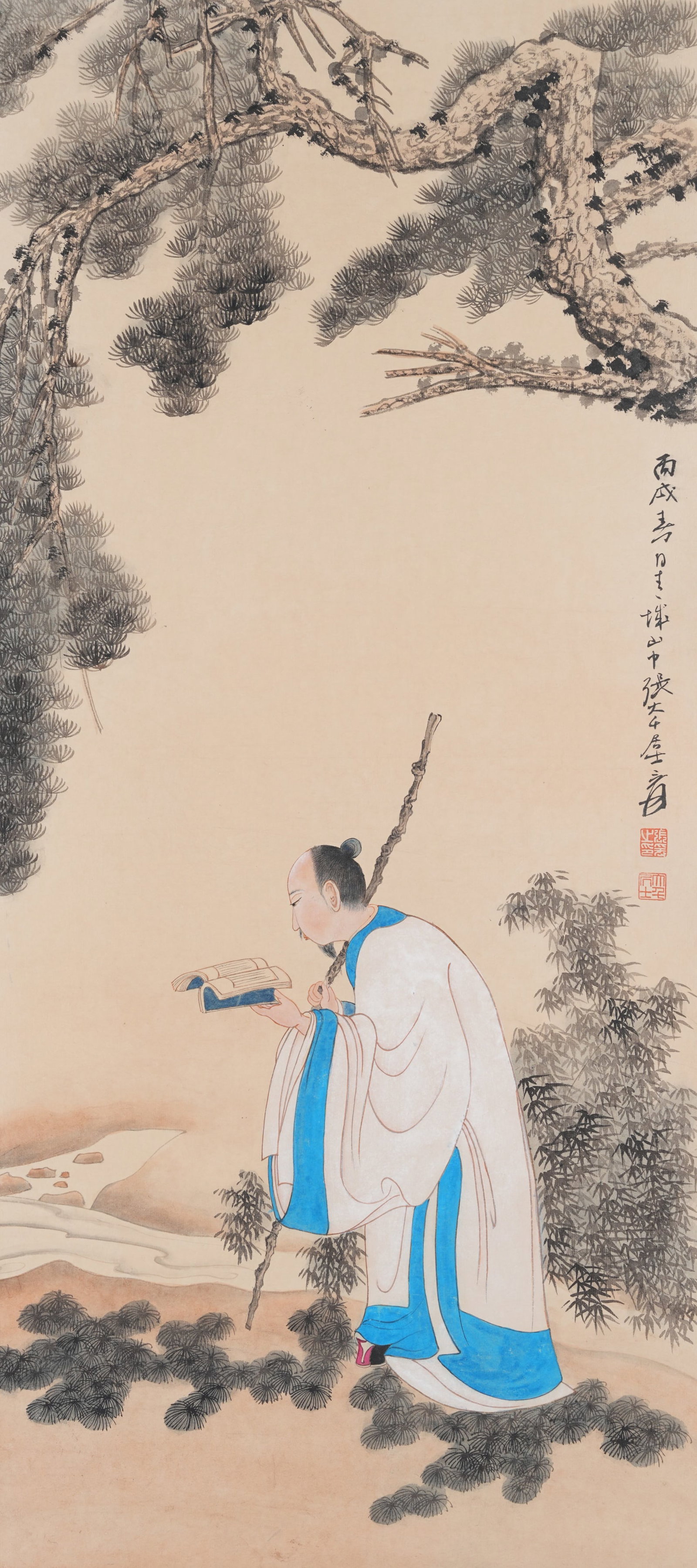 A SCHOLAR FIGURE PAINTING ON PAPER BY ZHANG DAQIAN.張大千: Scholar Figure Painting on Paper by Zhang Daqian.張大千