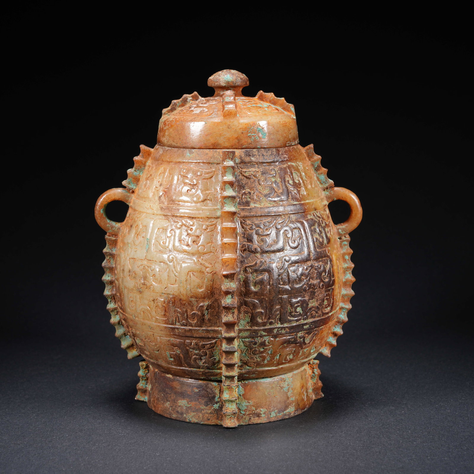 A HETIAN JADE COVERED JAR WITH EJECTED HALBERD MOTIF (1 of 10)