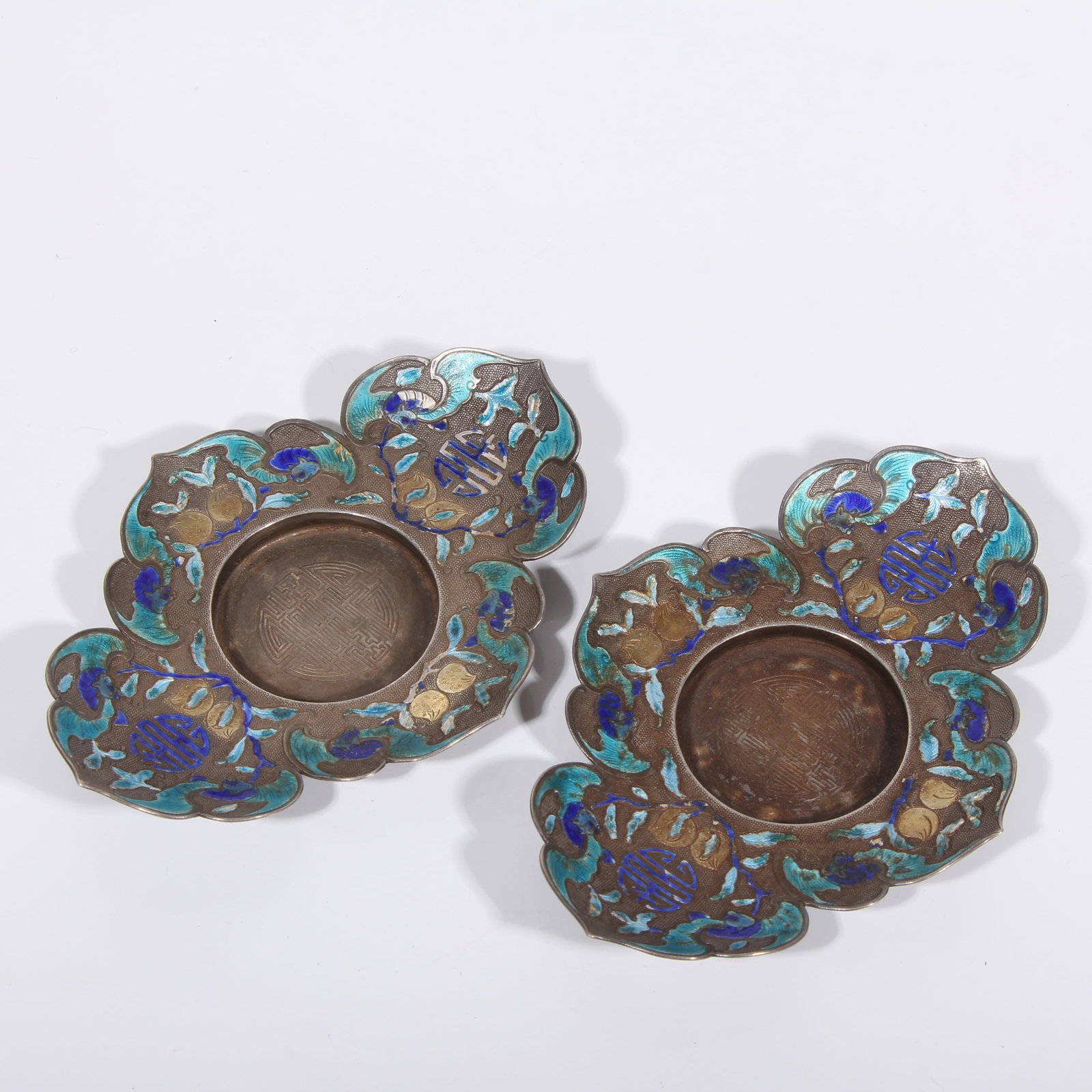 A SILVER CLOISONNÉ WASHERS WITH LONGEVITY AND HAPPINESS MOTIF, SET (1 of 10)