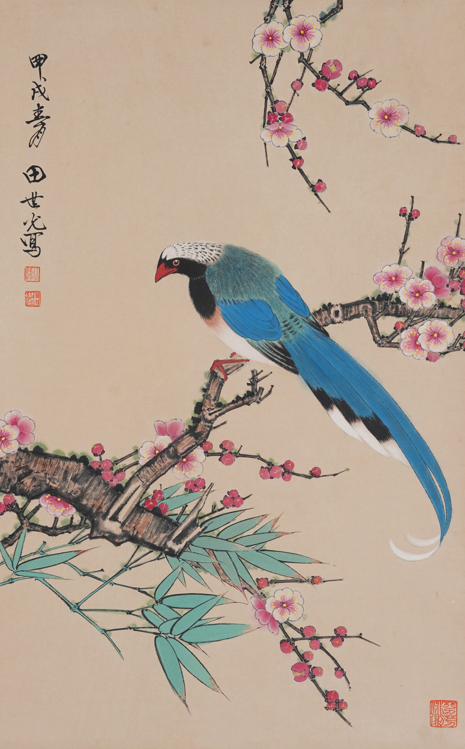 A FLOWER AND BIRD PAINTING ON PAPER BY TIAN SHIGUANG.田世光: Flower and Bird Painting on Paper by Tian Shiguang.田世光