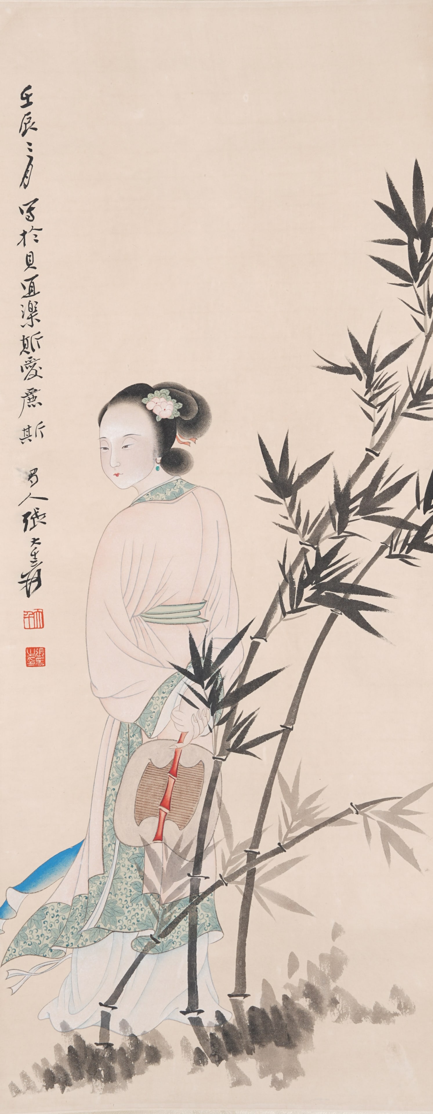 A LADY FIGURE PAINTING ON PAPER BY ZHANG DAQIAN.張大千: Lady Figure Painting on Paper by Zhang Daqian.張大千