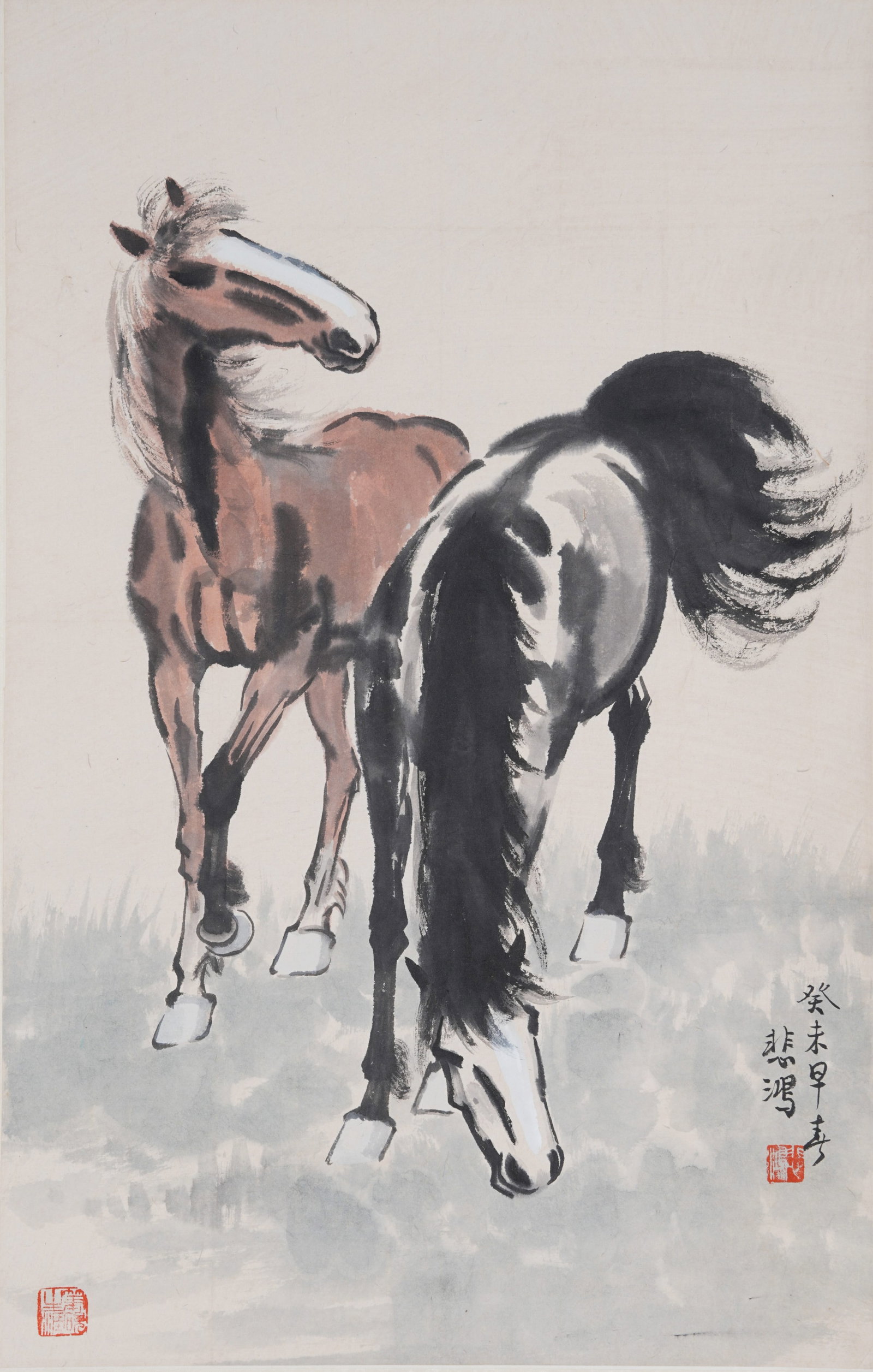 A TWO HORSES PAINTING ON PAPER BY XU BEIHONG.徐悲鴻 (1 of 9)