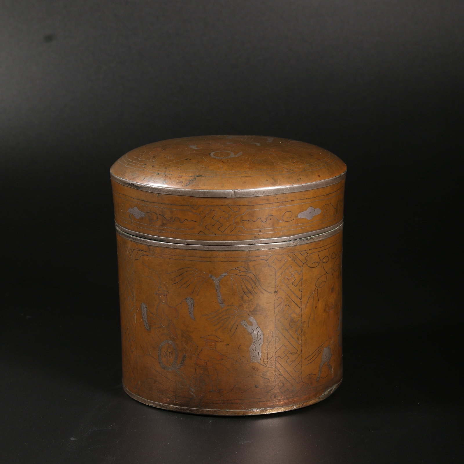 A BRONZE TEA CADDY INLAID WITH SILVER THREAD AND FIGURE MOTIF (1 of 11)