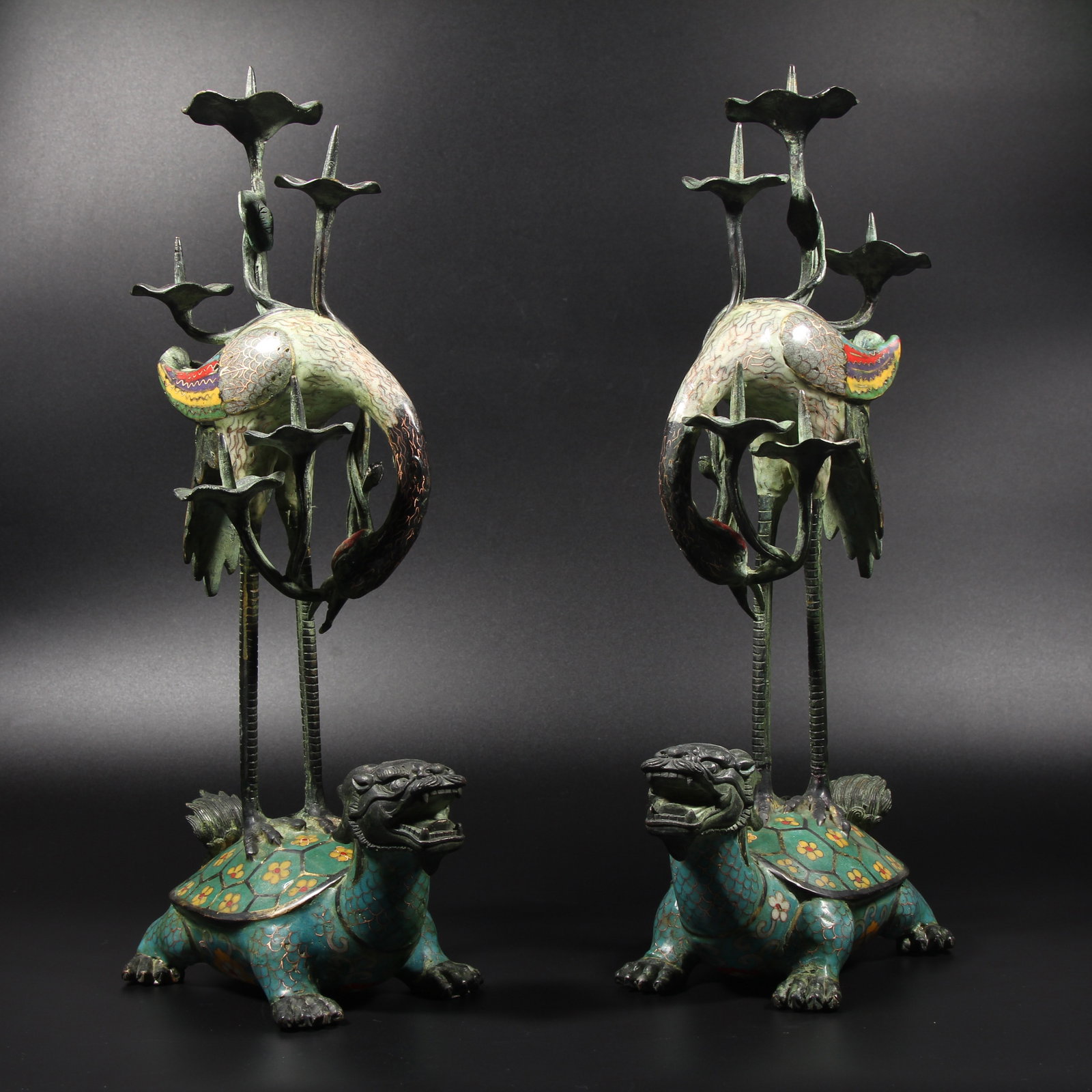 A SET OF CLOISONNÉ ENAMEL TURTLE-AND-CRANE CANDELABRAS WITH BRONZE BODY (1 of 11)