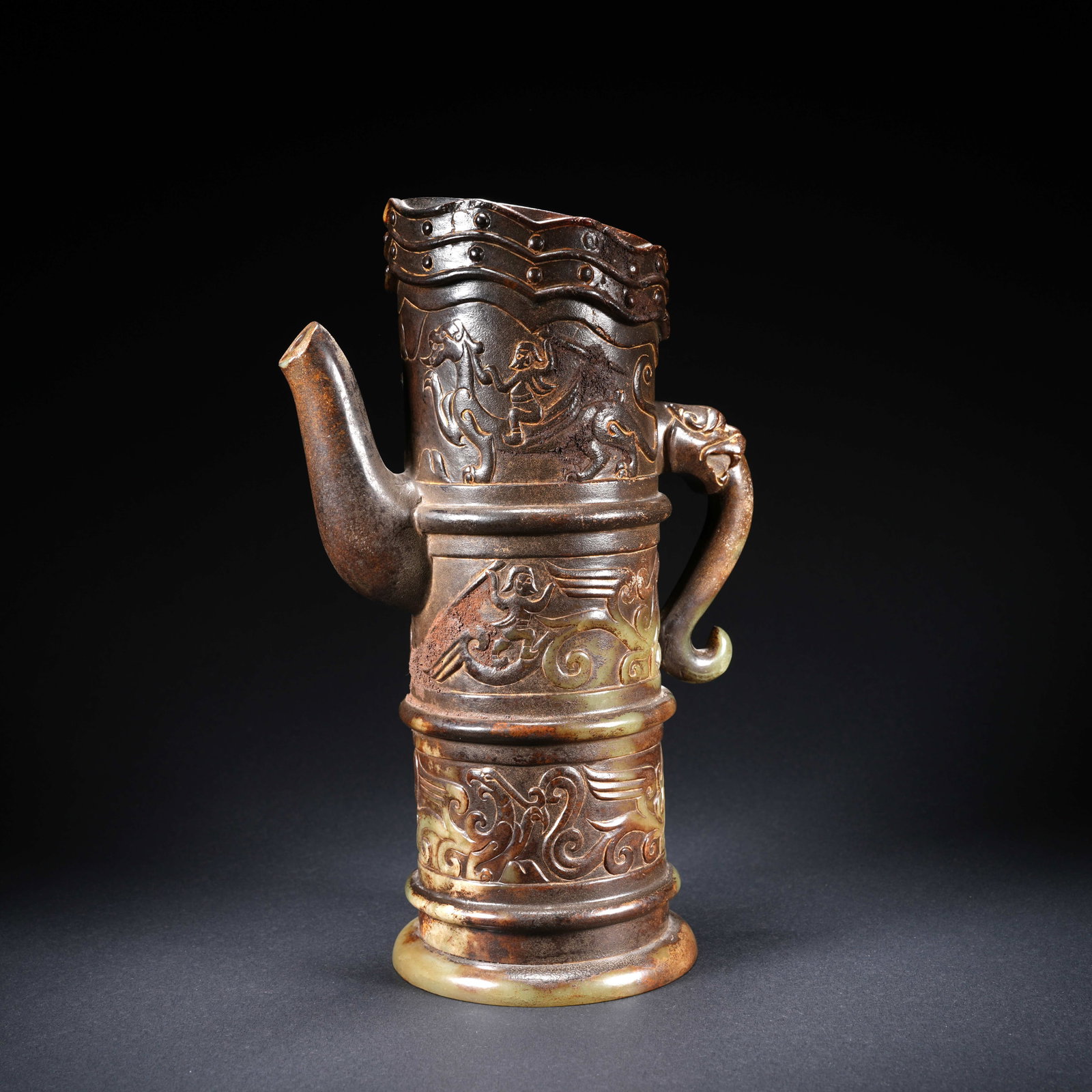 A HETIAN JADE CARVED EWER WITH DRAGON-AND-PHOENIX MOTIF (1 of 10)