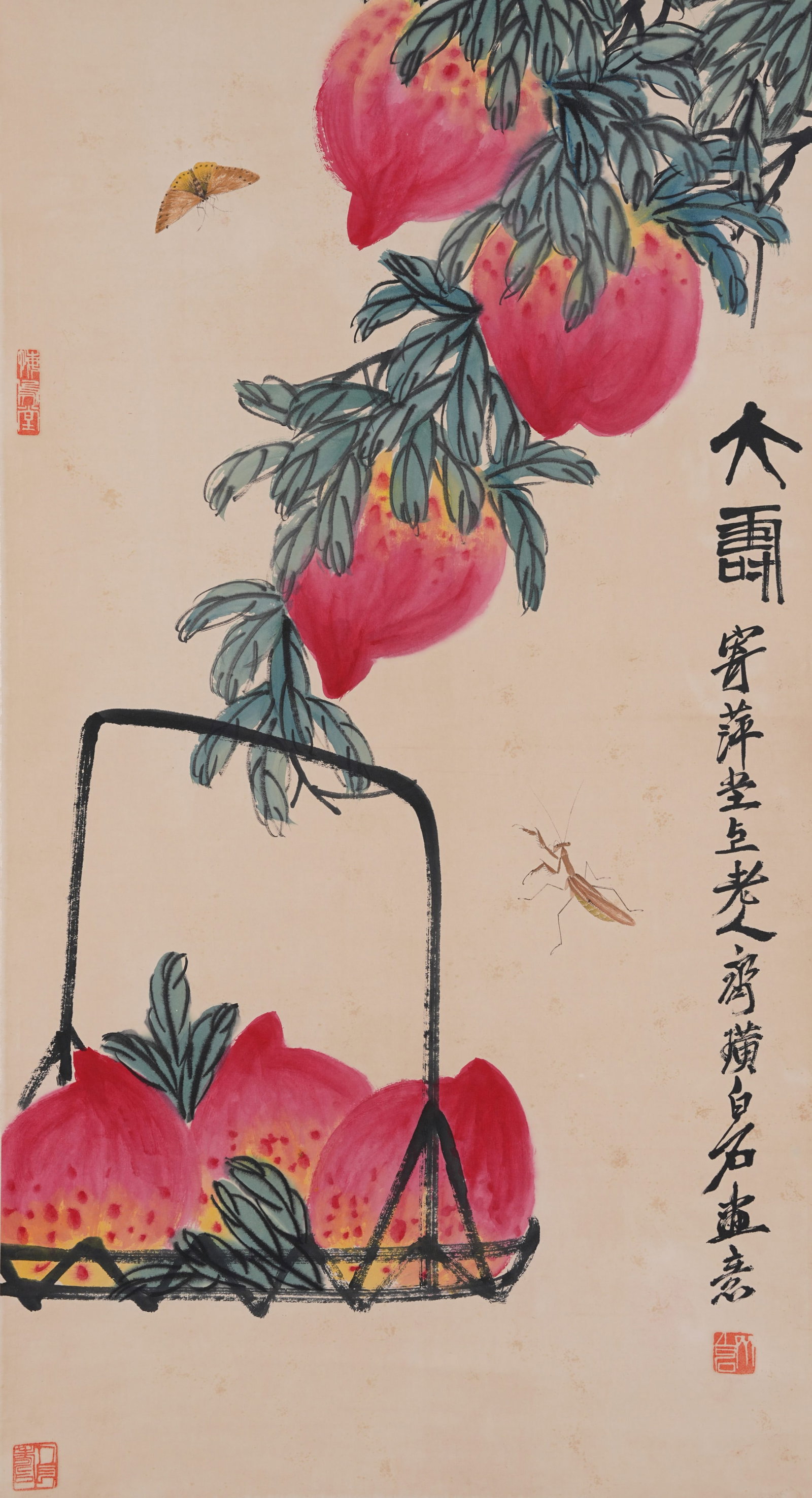 A GREAT LONGEVITY PAINTING ON PAPER BY QI BAISHI.齊白石: Great Longevity Painting on Paper by Qi Baishi.齊白石