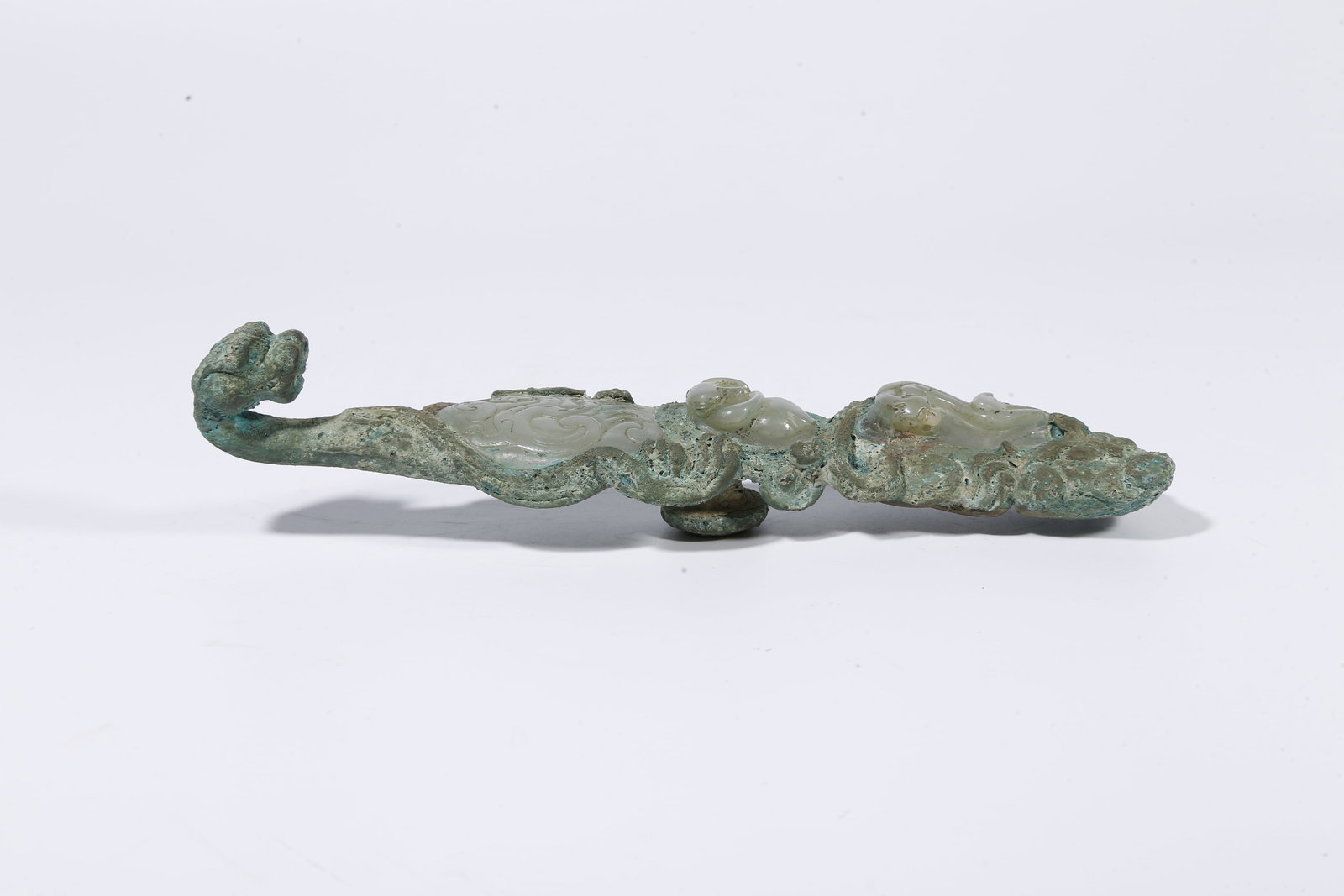 A BRONZE BELT HOOK INLAID WITH HETIAN JADE IN DRAGON FORM (1 of 10)
