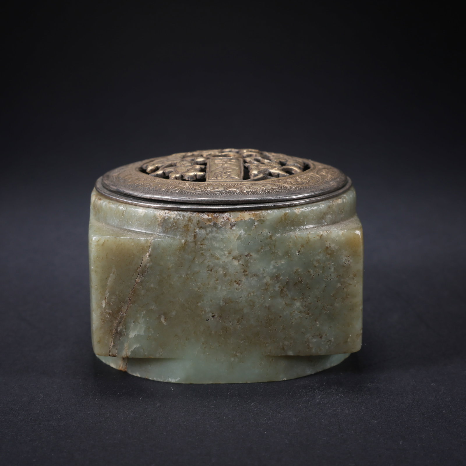 A HETIAN JADE OPENWORK CONG INCENSE BURNER WITH GOLD AND SILVER MOUNTS (1 of 9)