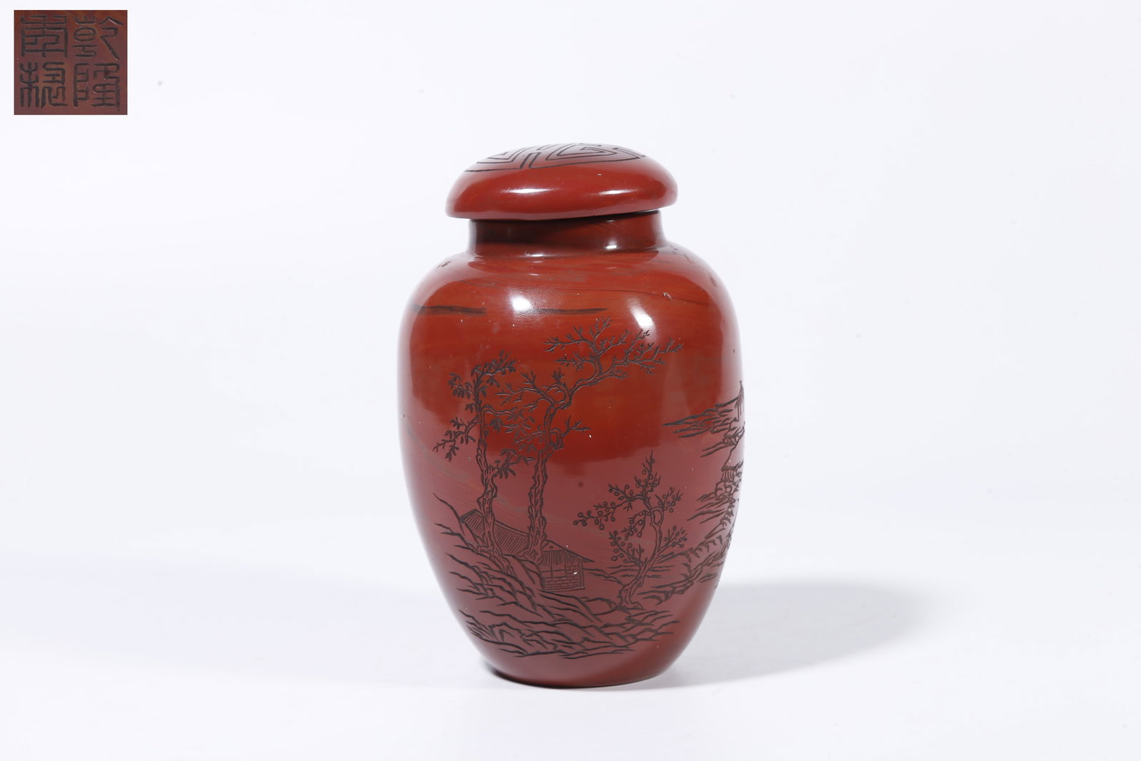A GLASS COVERED JAR WITH LANDSCAPE DECORATION (1 of 10)