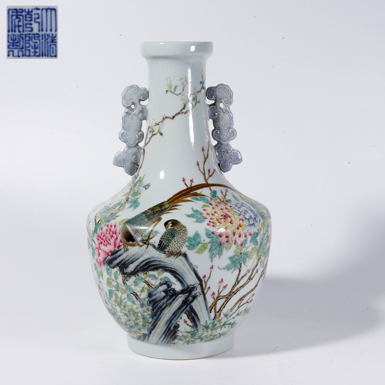 A FAMILLE-ROSE DOUBLE-EAR VASE WITH FLOWER-AND-BIRD MOTIFS (1 of 10)