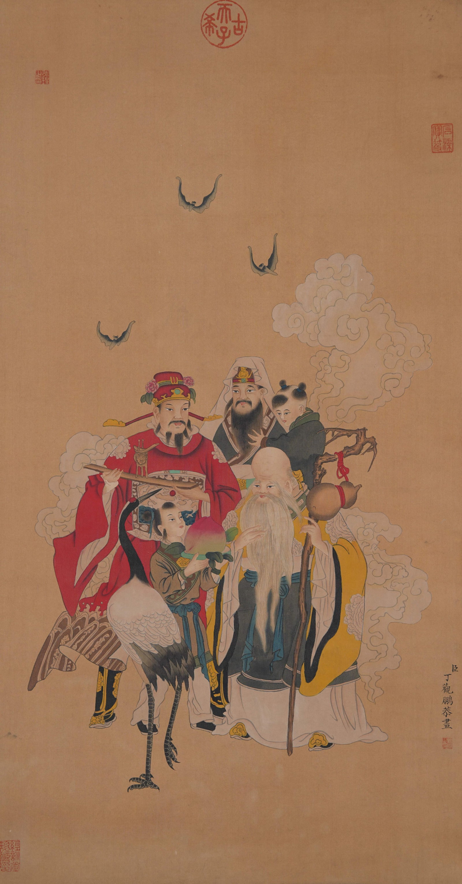 A "FU, LU, SHOU" PAINTING ON SILK BY DING GUANPENG.丁觀鵬 (1 of 9)