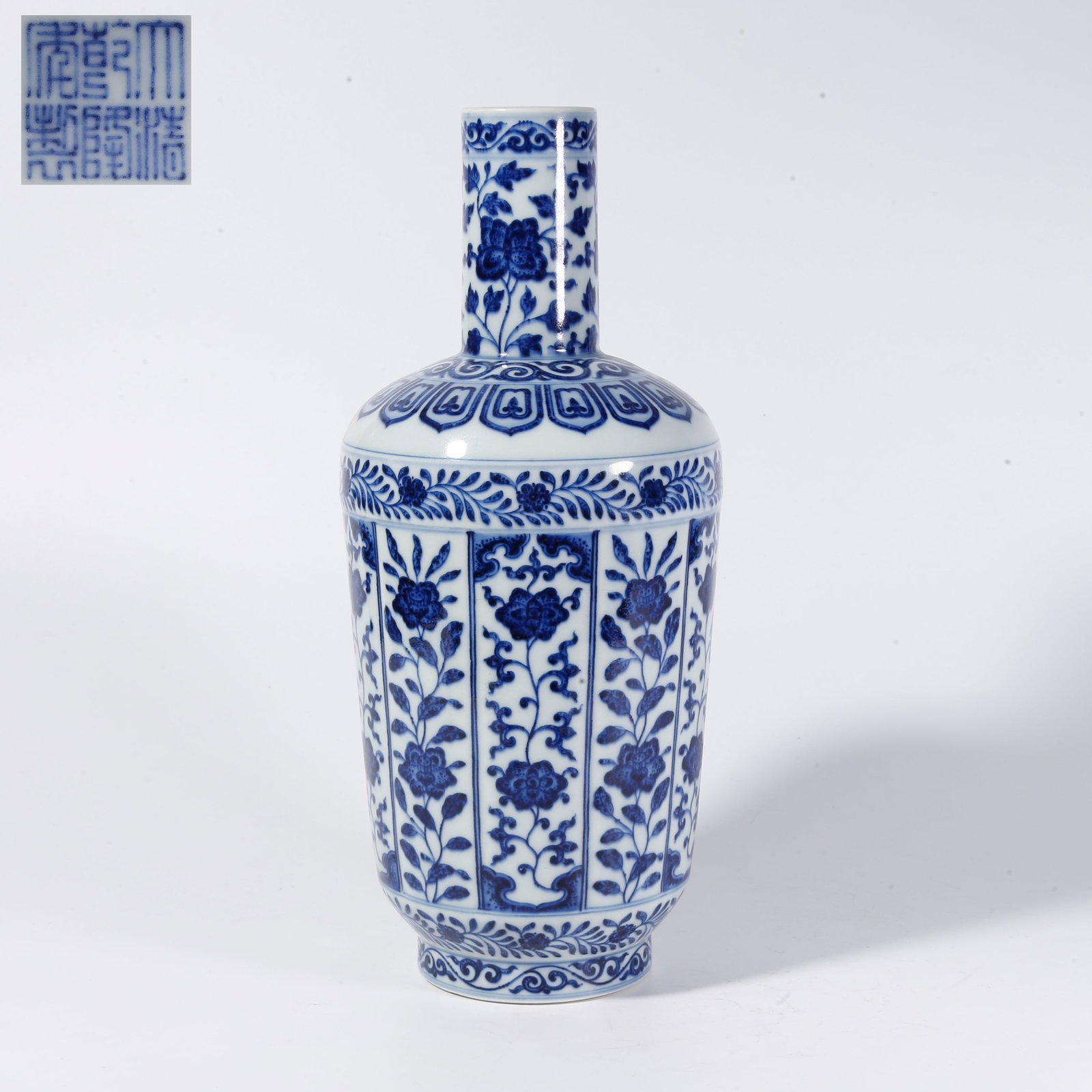 A BLUE-AND-WHITE APPRECIATION VASE WITH FLORAL MOTIFS (1 of 9)