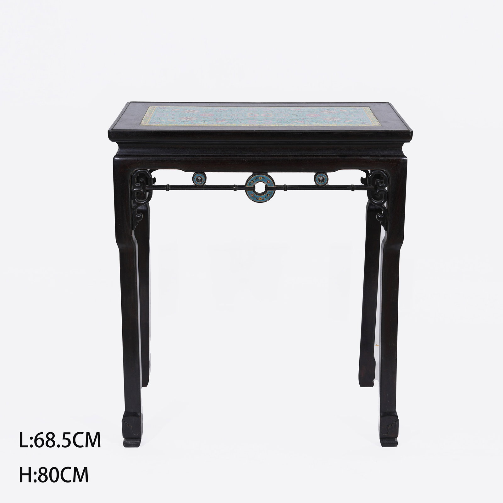 A ZITAN TABLE WITH PORCELAIN PANELS INLAID WITH FAMILLE-ROSE FLORAL SCROLLS: Zitan Table with Porcelain Panels Inlaid with Famille-Rose Floral Scrolls