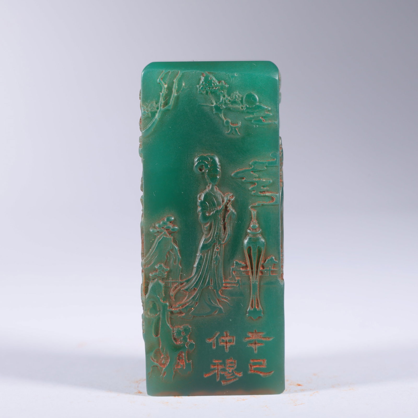 A SHOUSHAN STONE "YA‘AN GREEN" SEAL WITH FOUR GREAT BEAUTIES (1 of 9)