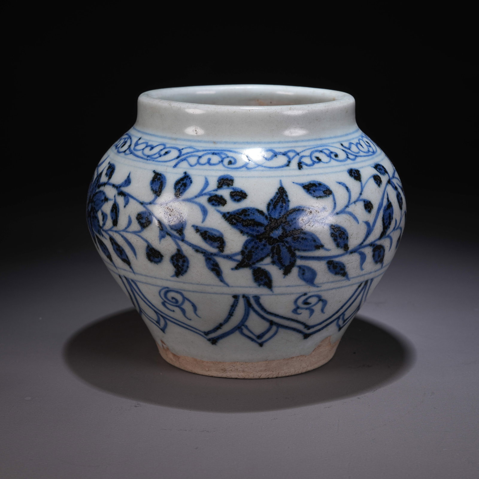 A BLUE-AND-WHITE JAR WITH SCROLLING FLORAL MOTIFS (1 of 9)