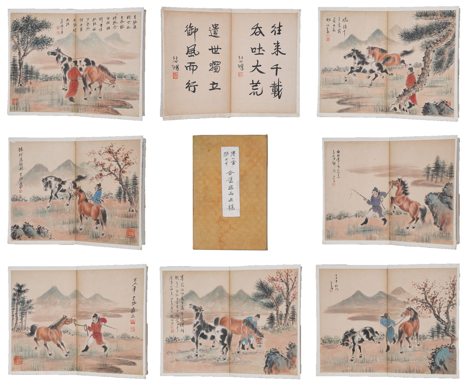 A ALBUM OF HUMAN AND HORSE PAINTINGS ON PAPER (15 LEAVES), JOINTLY BY ZHANG DAQIAN AND PU RU.張: Album of Human and Horse Paintings on Paper (15 leaves), jointly by Zhang Daqian and Pu Ru.張大千 溥儒