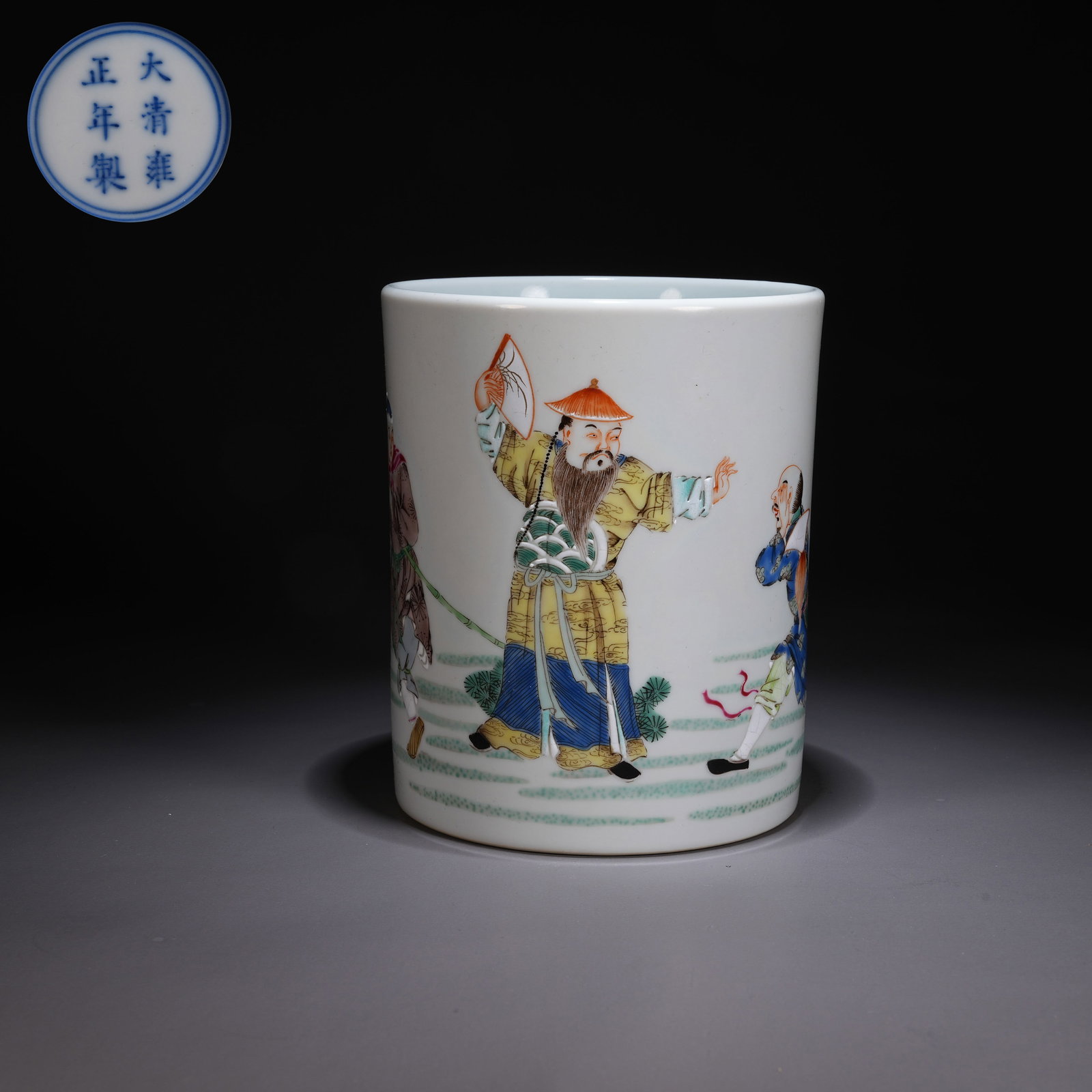 A FAMILLE ROSE BRUSH POT WITH FIGURE AND NARRATIVE SCENE MOTIFS (1 of 9)