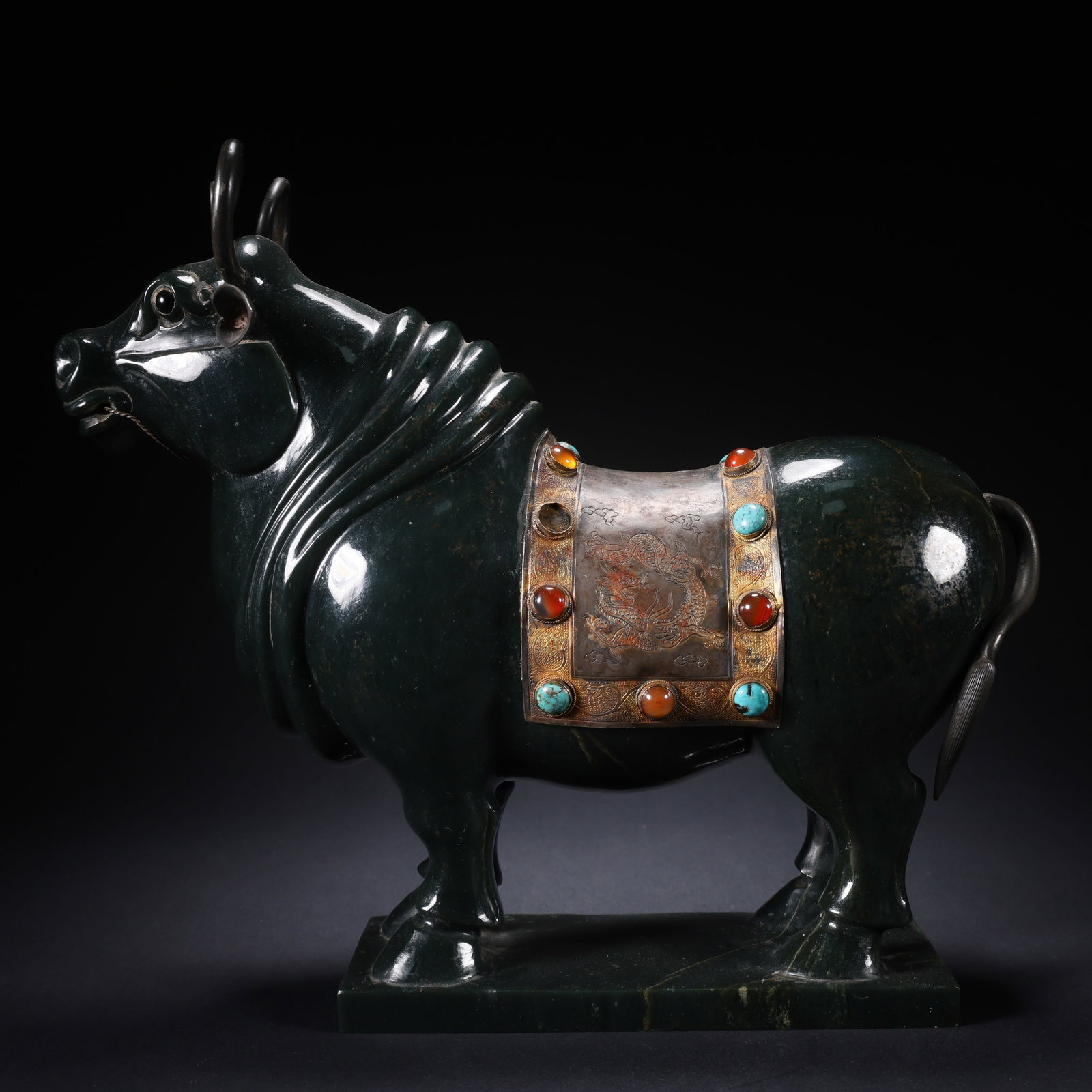 A HETIAN JASPER OX ORNAMENT INLAID WITH PRECIOUS STONES AND MOUNTED IN GOLD AND SILVER (1 of 9)