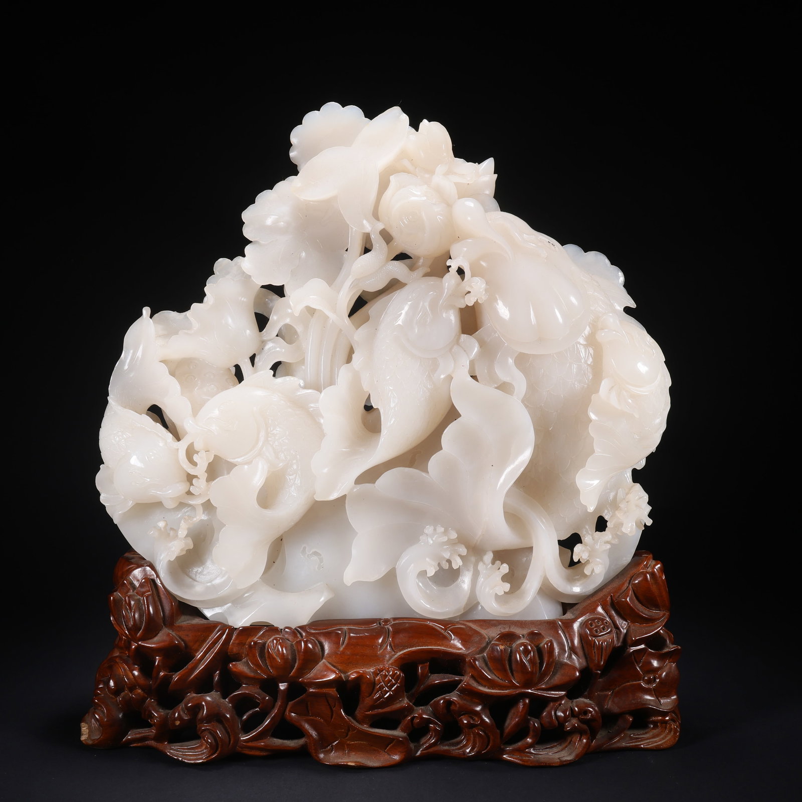 A HETIAN JADE LOTUS POND WITH FISH ORNAMENT ON WOODEN BASE (1 of 9)