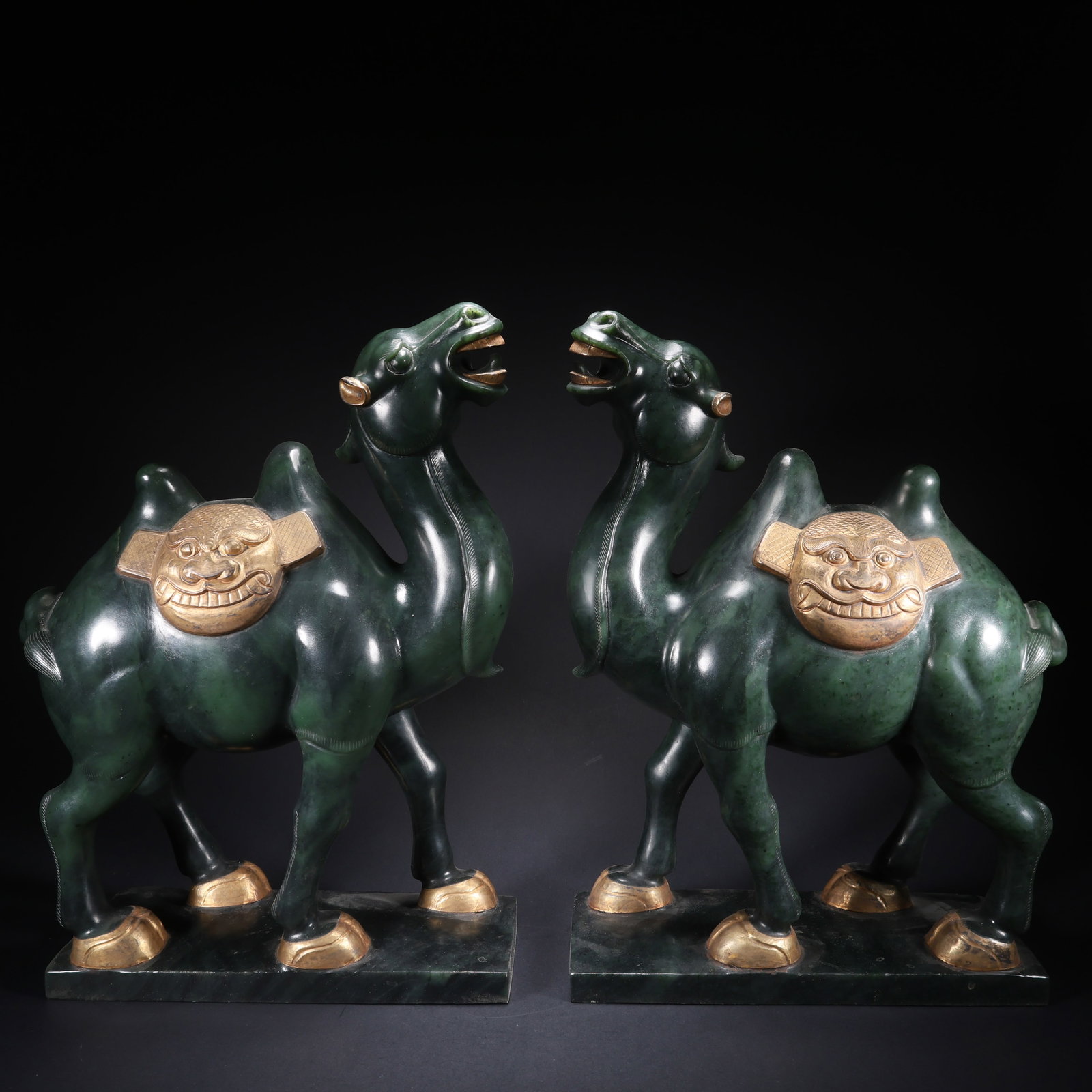 A HETIAN JASPER CAMEL PAIR WITH BEAST FACES, INLAID WITH GOLD (1 of 9)