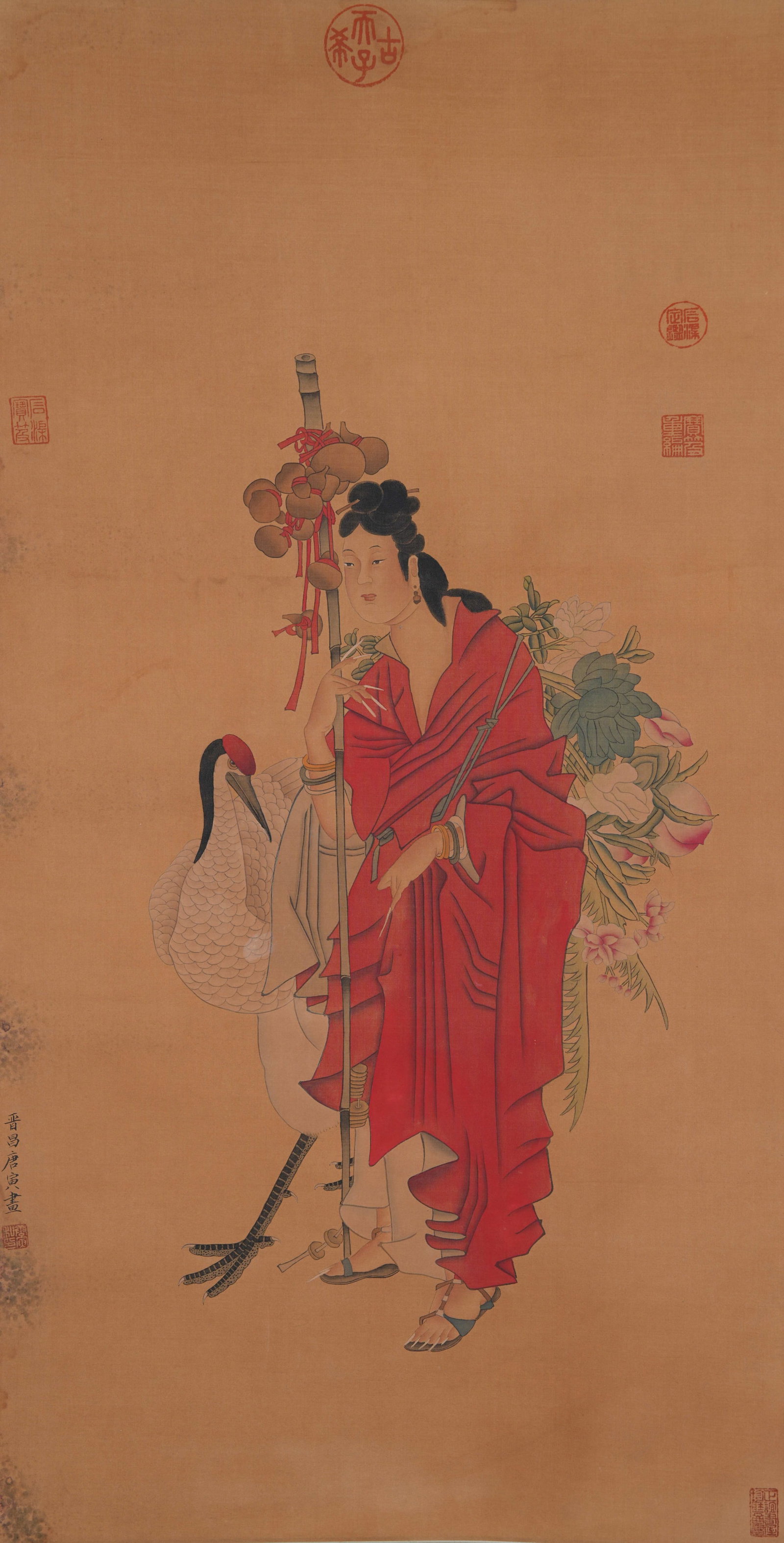 A "MAGU OFFERING LONGEVITY" PAINTING ON SILK BY TANG BOHU.唐伯虎: "Magu Offering Longevity" Painting on Silk by Tang Bohu.唐伯虎
