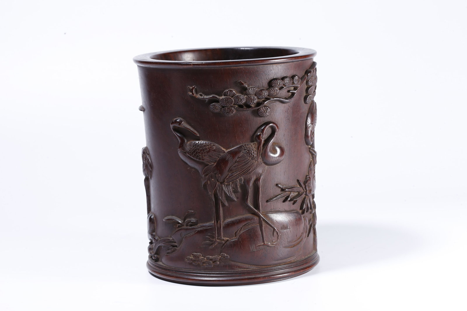 A ZITAN WOOD BRUSH POT CARVED WITH PINE AND CRANE DECORATION (1 of 9)