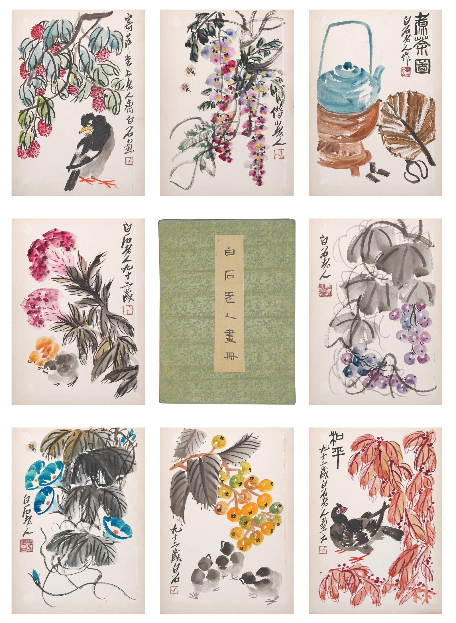 A ALBUM OF FLOWER-AND-BIRD PAINTINGS ON PAPER (13 LEAVES) BY QI BAISHI.齊白石 (1 of 17)