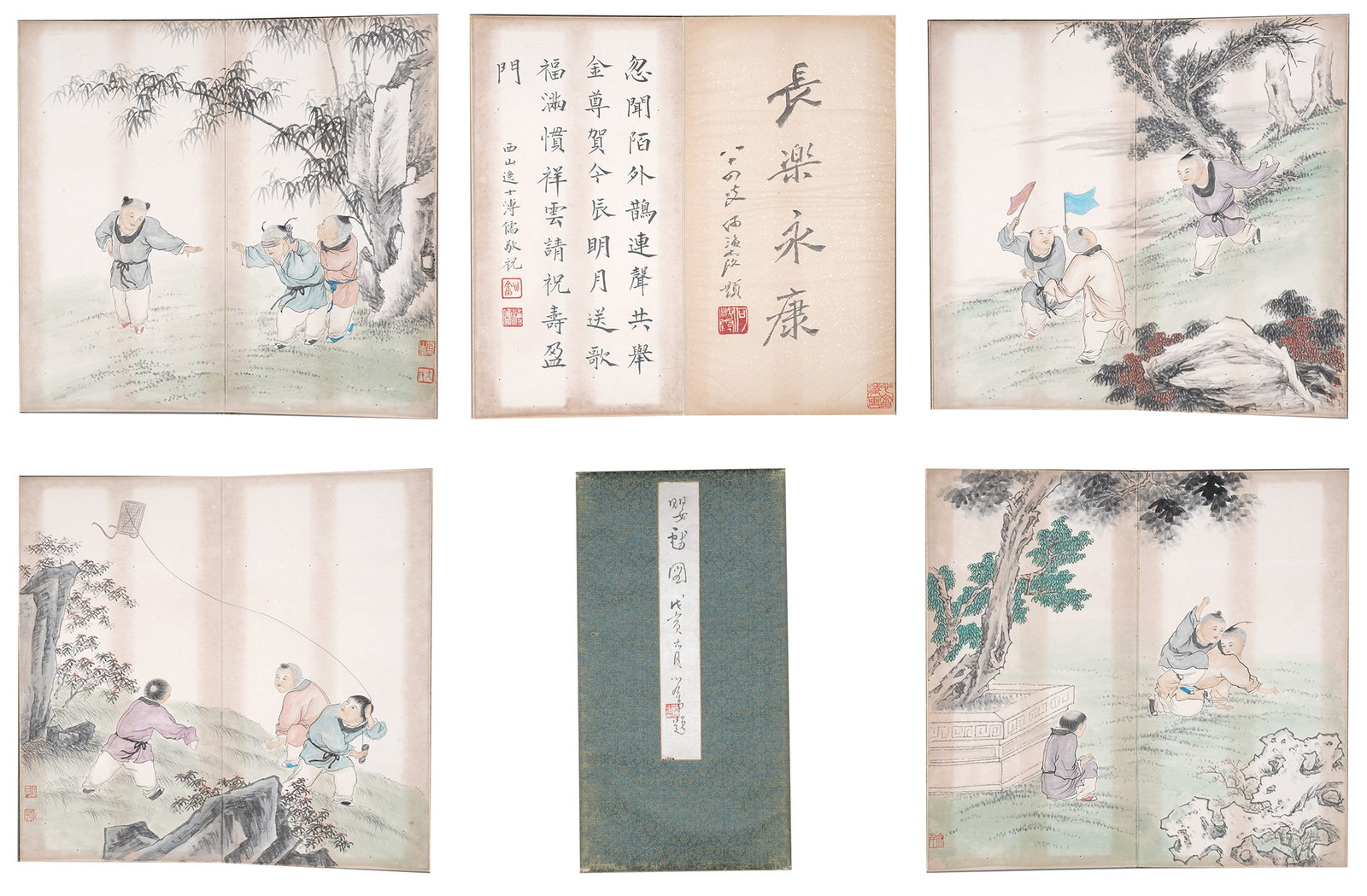 A ALBUM OF CHILDREN AT PLAY PAINTINGS ON PAPER (5 LEAVES) BY ZHANG DAQIAN.張大千: Album of Children at Play Paintings on Paper (5 leaves) by Zhang Daqian.張大千