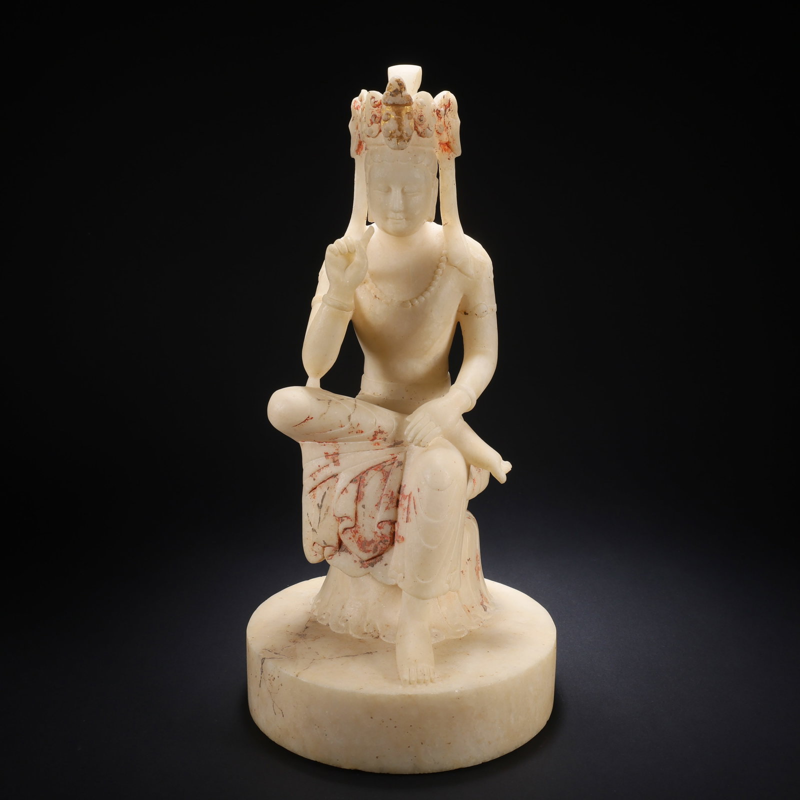 A WHITE MARBLE PAINTED AND GILDED MAITREYA BODHISATTVA (1 of 9)