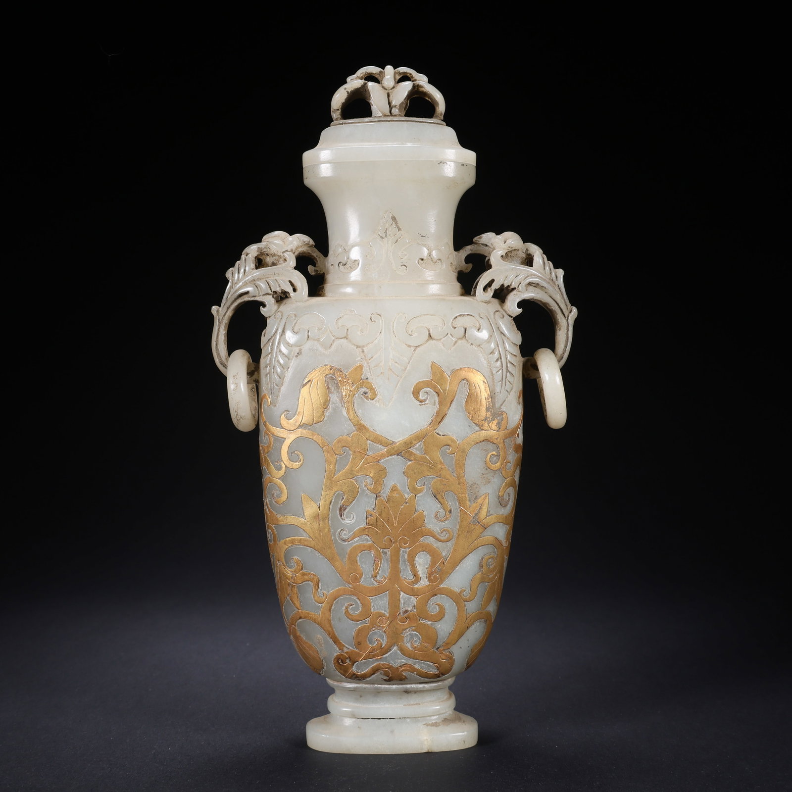 A HETIAN JADE DOUBLE-HANDLED VASE WITH MOVABLE RING, INLAID WITH GOLD (1 of 9)