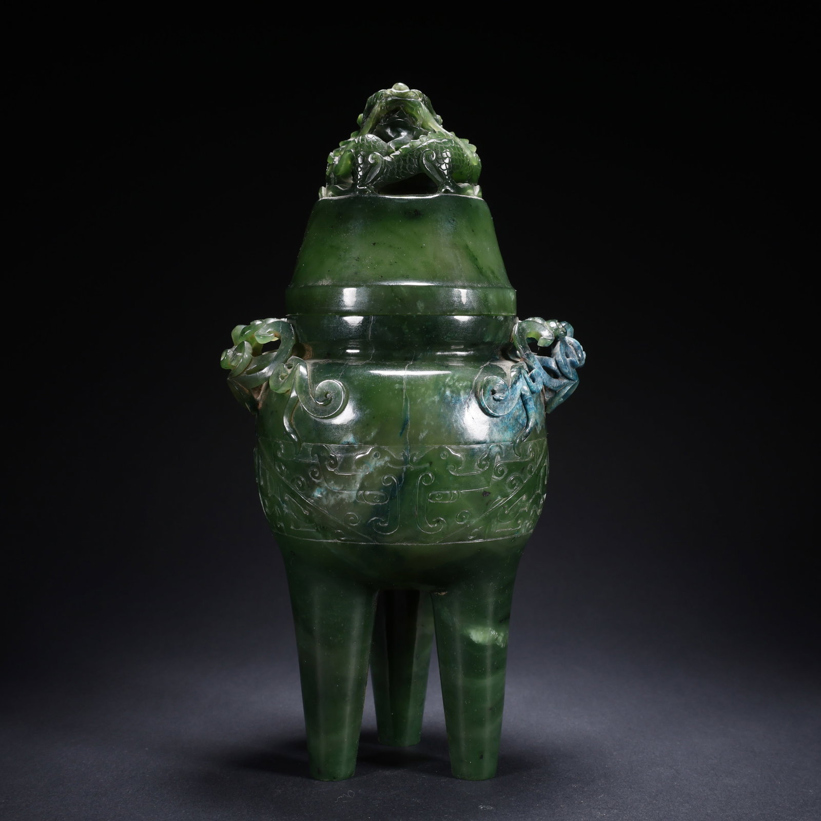 A HETIAN JASPER COVERED DRAGON CENSER WITH FLORAL HANDLES AND TALL FOOT ON WOODEN BASE (1 of 9)