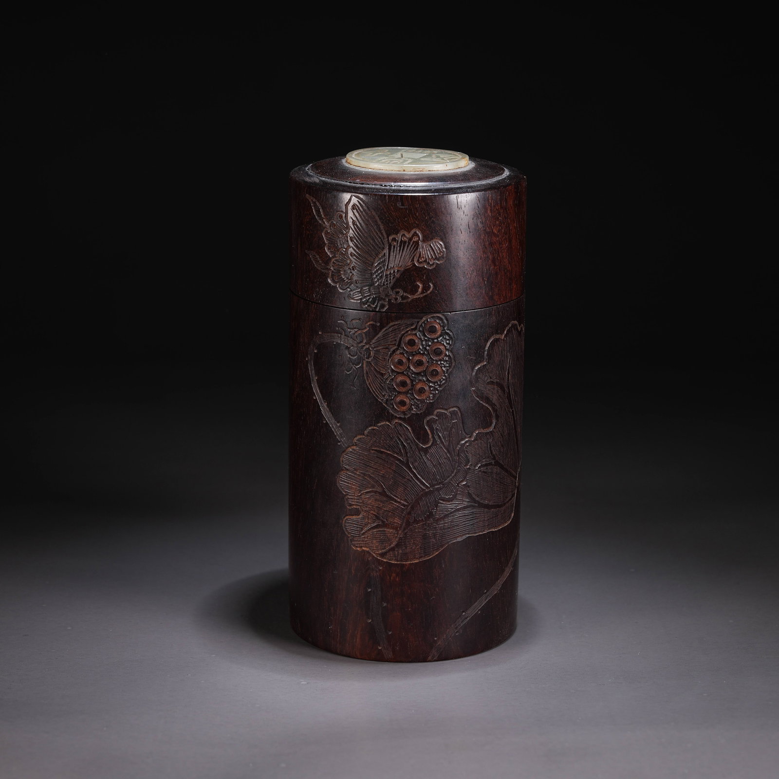 A ZITAN INCENSE TUBE INLAID WITH HETIAN JADE FLORAL MOTIFS (1 of 9)