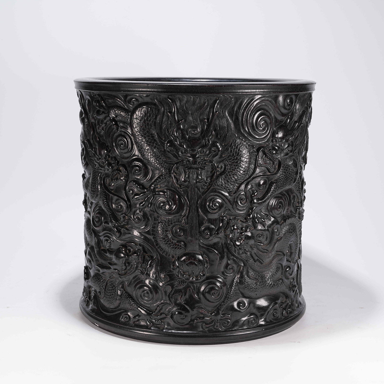 A ZITAN LARGE BRUSH POT WITH CLOUD AND DRAGON MOTIFS (1 of 10)