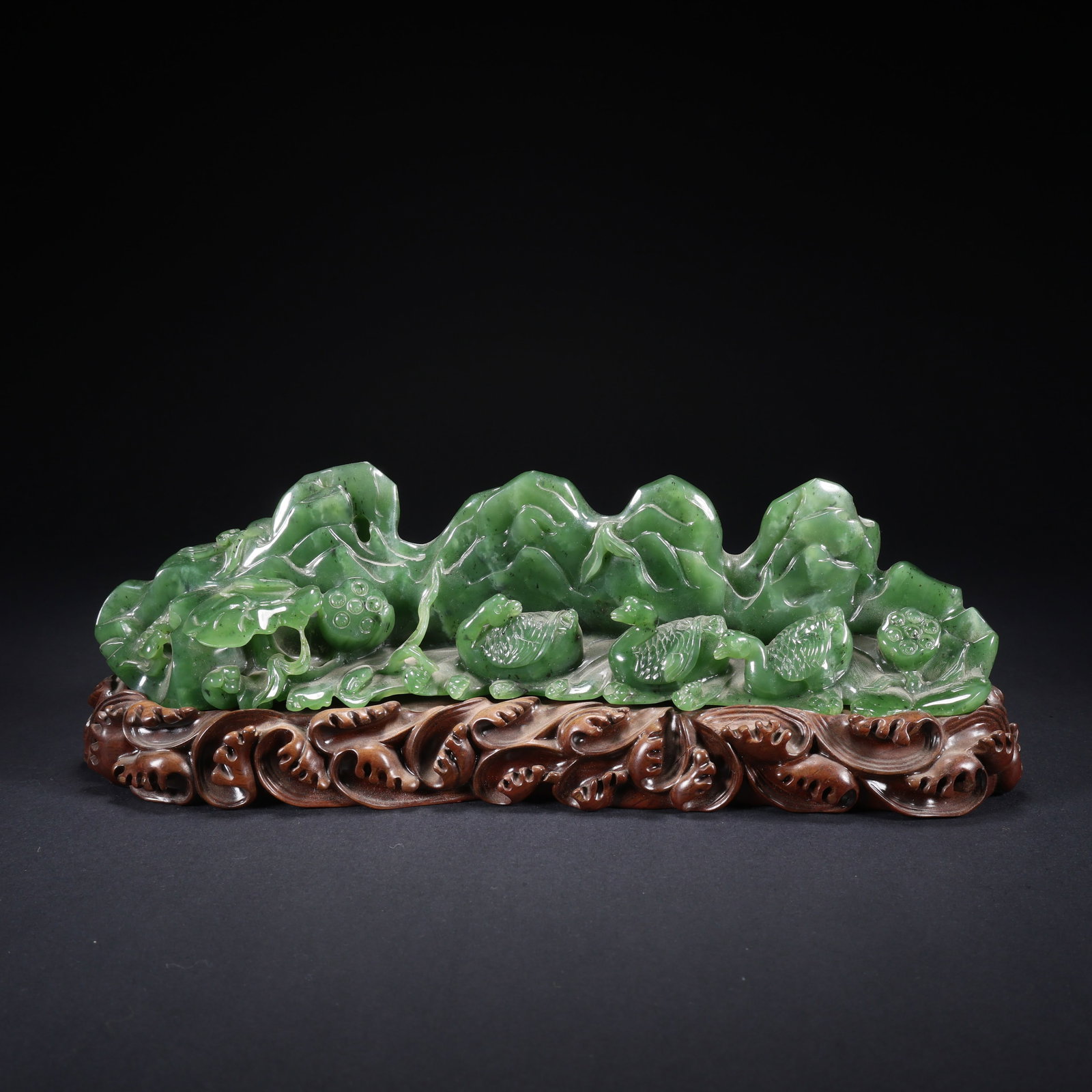 A HETIAN JASPER LOTUS POND WITH DUCKS ORNAMENT ON WOODEN BASE (1 of 9)