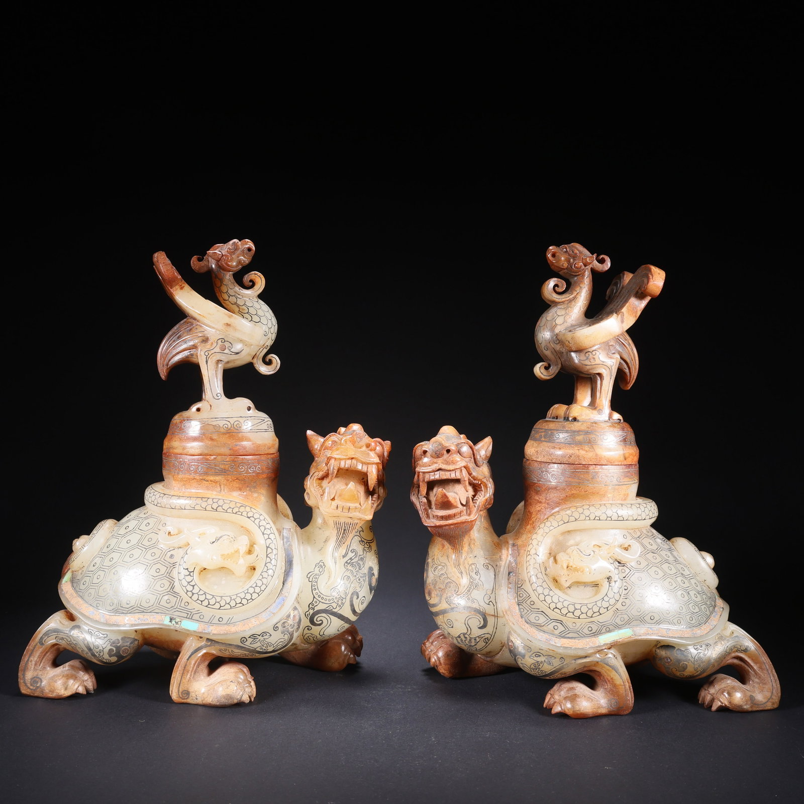 A HETIAN JADE DRAGON-TURTLE COVERED VASE WITH PHOENIX KNOB, INLAID WITH GOLD AND SILVER, PAIR: Hetian Jade Dragon-Turtle Covered Vase with Phoenix Knob, Inlaid with Gold and Silver, Pair