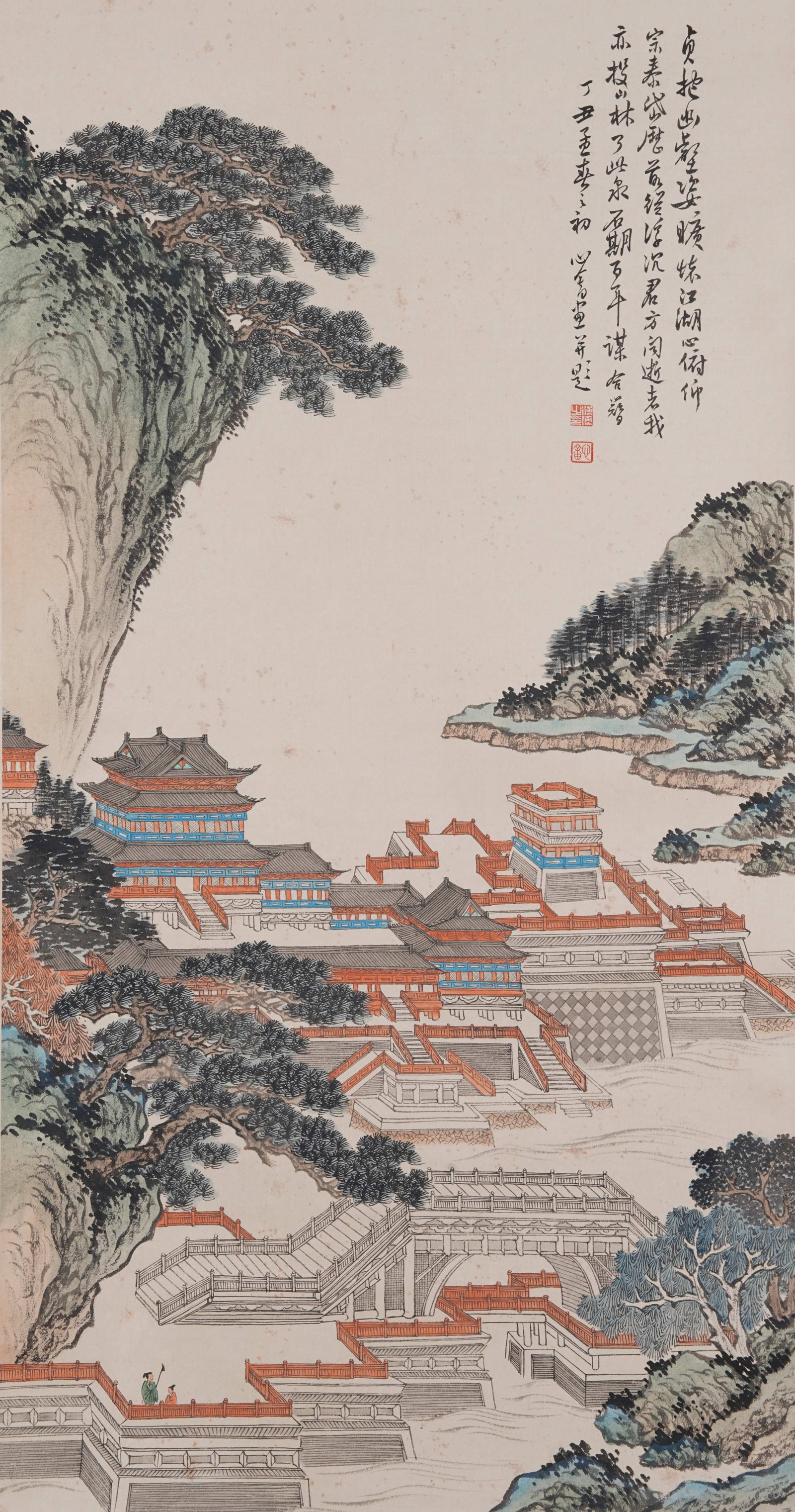 A LANDSCAPE WITH PAVILIONS PAINTING ON PAPER BY PU RU.溥儒: Landscape with Pavilions Painting on Paper by Pu Ru.溥儒
