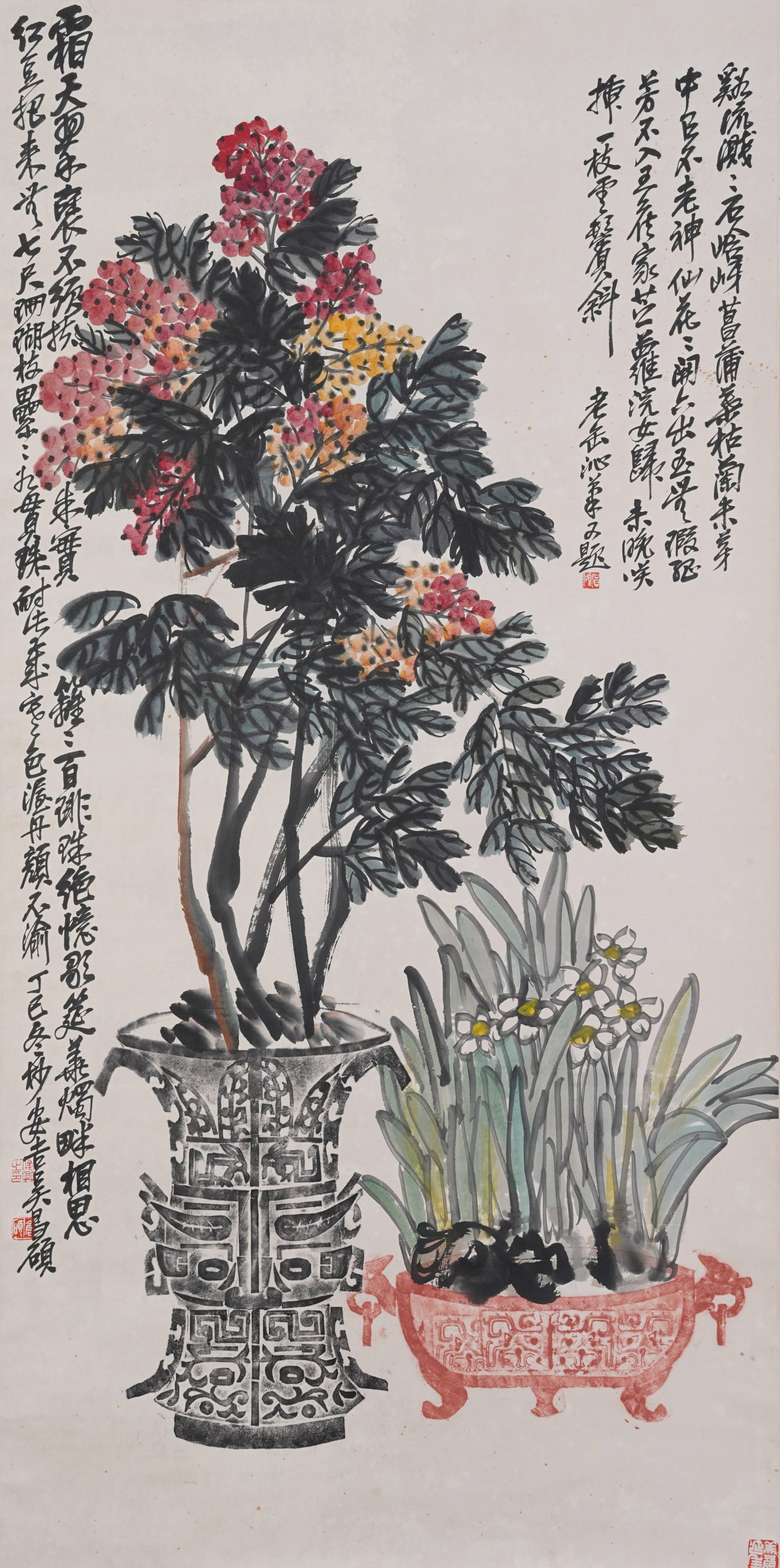A FLOWER PAINTING ON PAPER BY WU CHANGSHUO.吳昌碩: Flower Painting on Paper by Wu Changshuo.吳昌碩